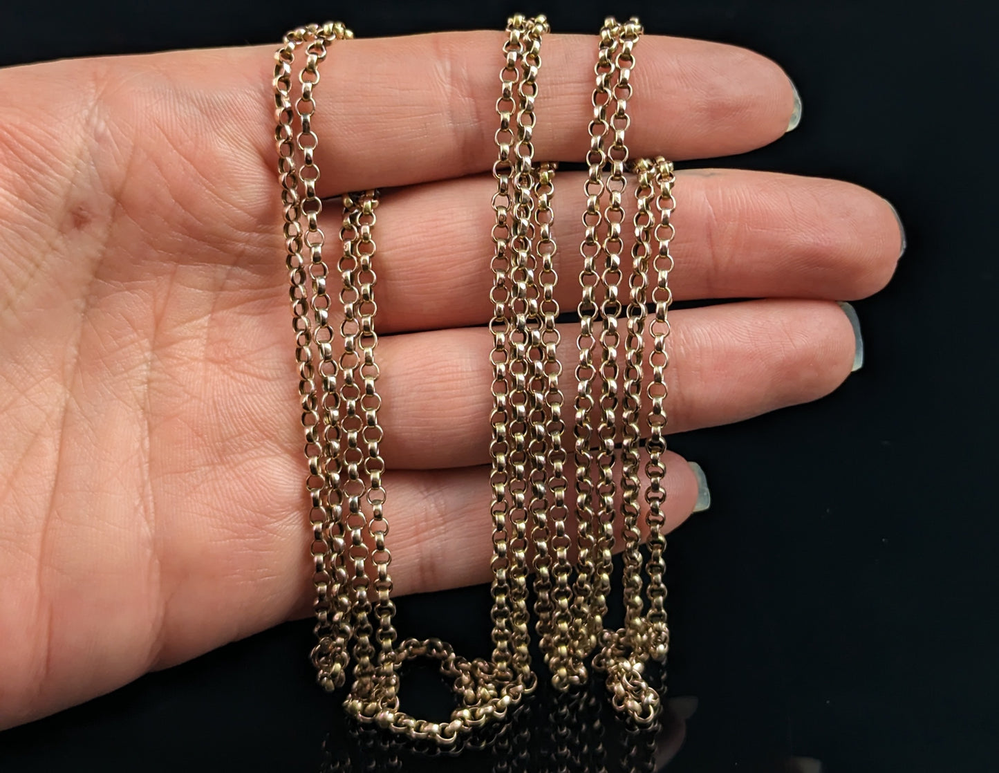 Antique 9ct gold longuard chain necklace, muff chain, Victorian, Belcher link