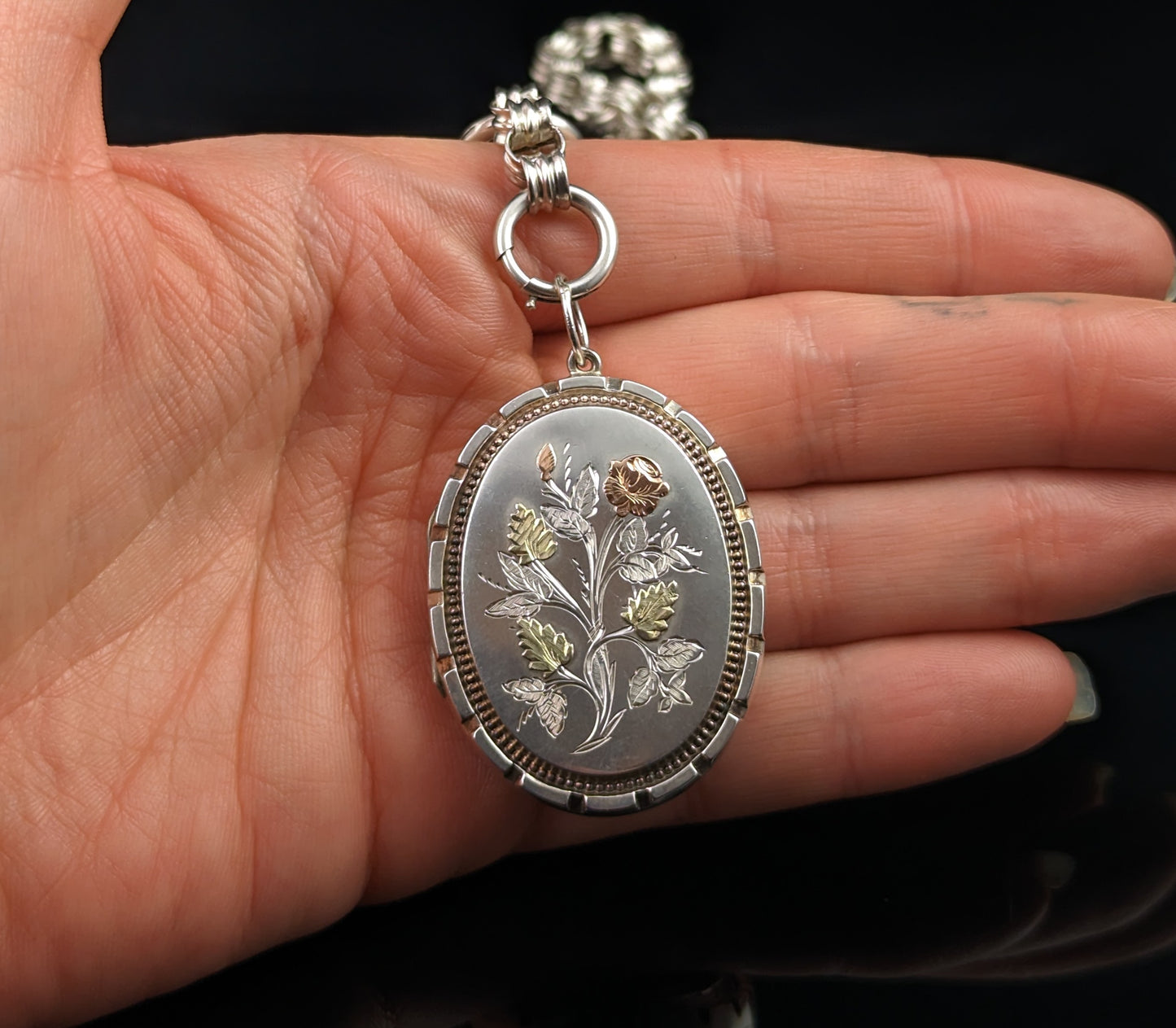 Antique Victorian locket pendant, Silver and 9ct gold, Aesthetic Roses