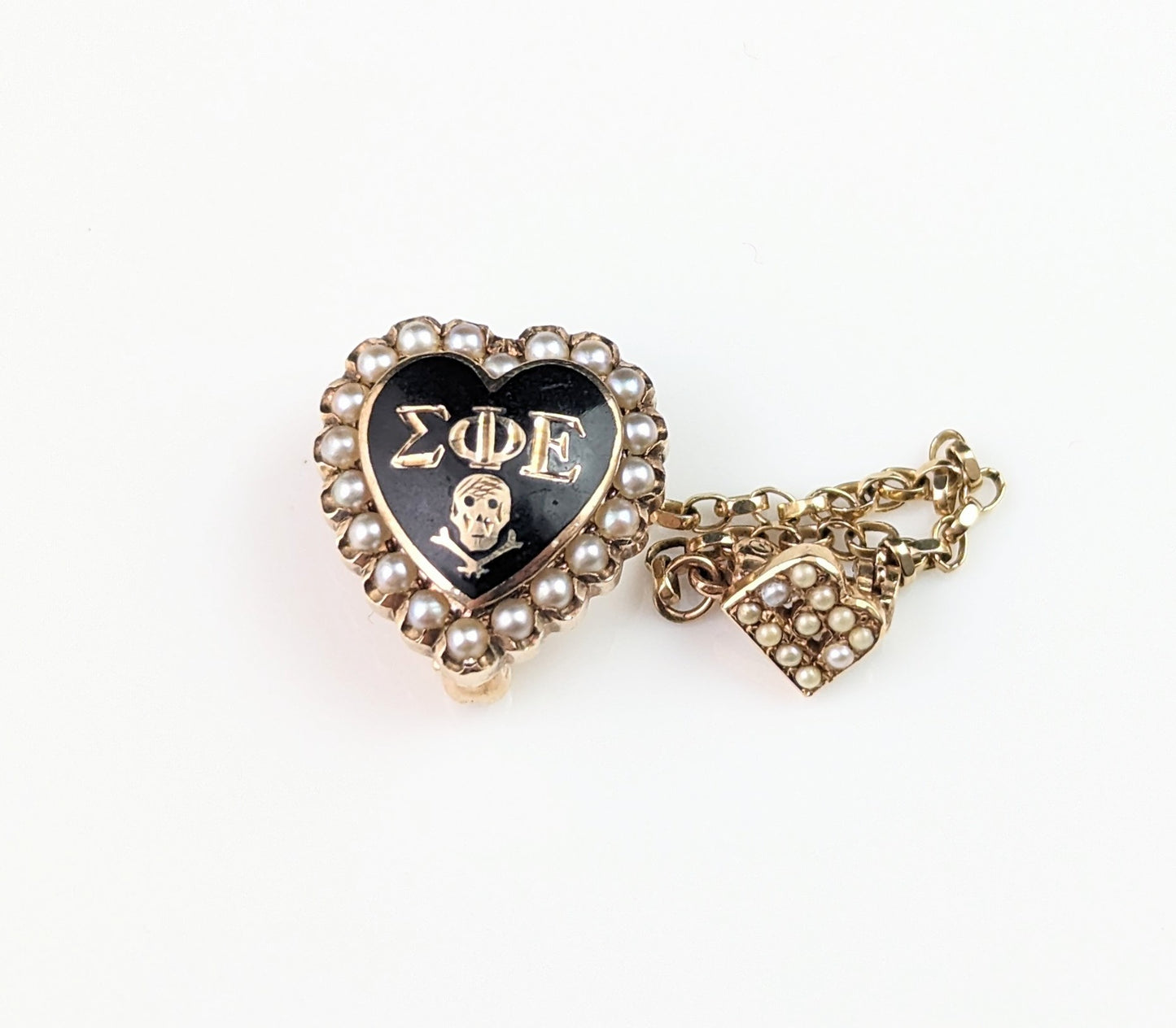 Vintage Fraternity brooch, Heart, Skull and Crossbones, 10ct gold and Pearl