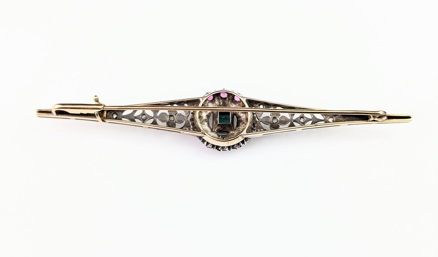 Antique Emerald, Diamond and Ruby brooch, Sterling silver and 9ct gold