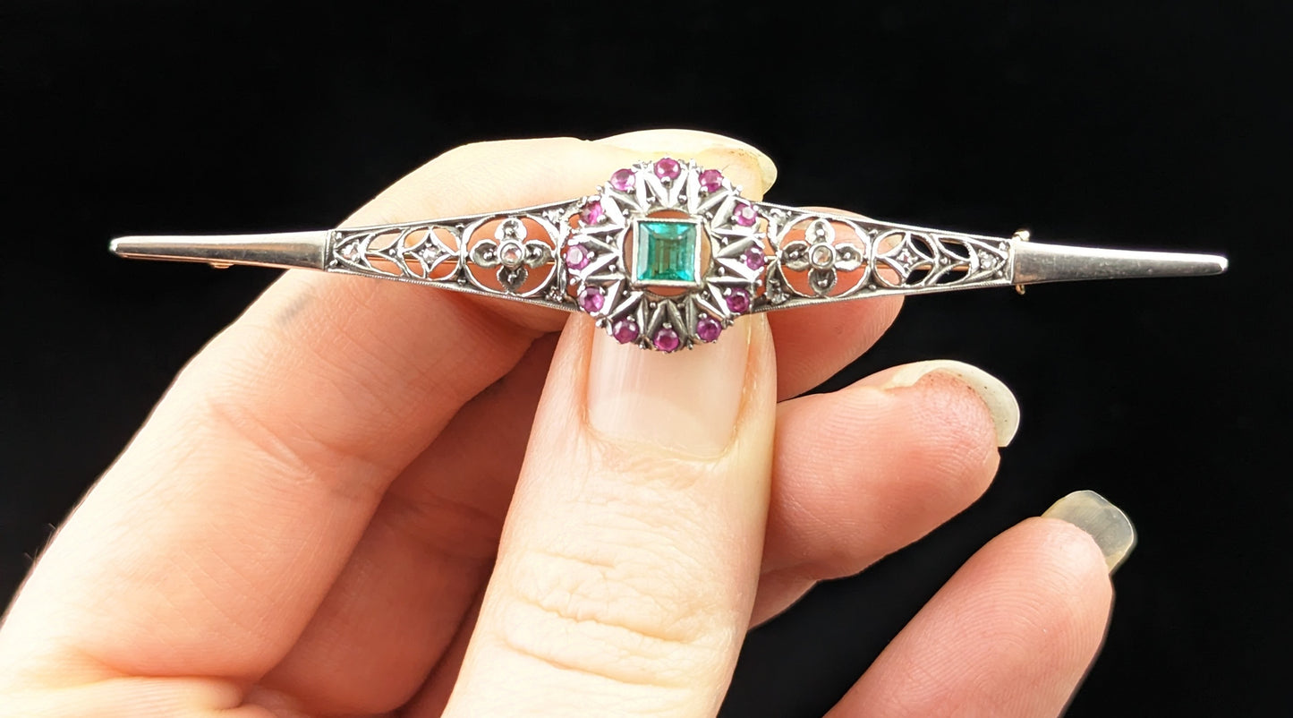 Antique Emerald, Diamond and Ruby brooch, Sterling silver and 9ct gold