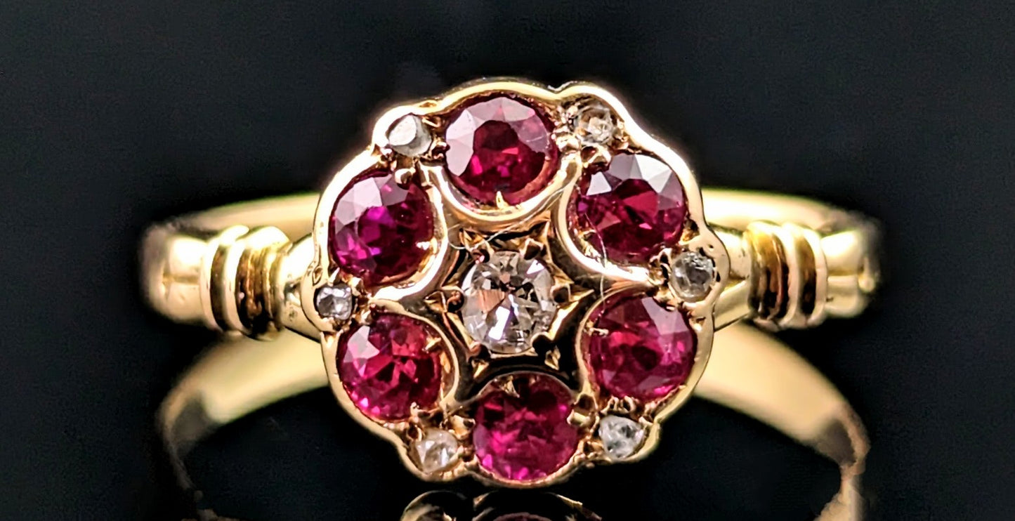 Antique Ruby and Diamond cluster ring, 18ct gold, Art Deco