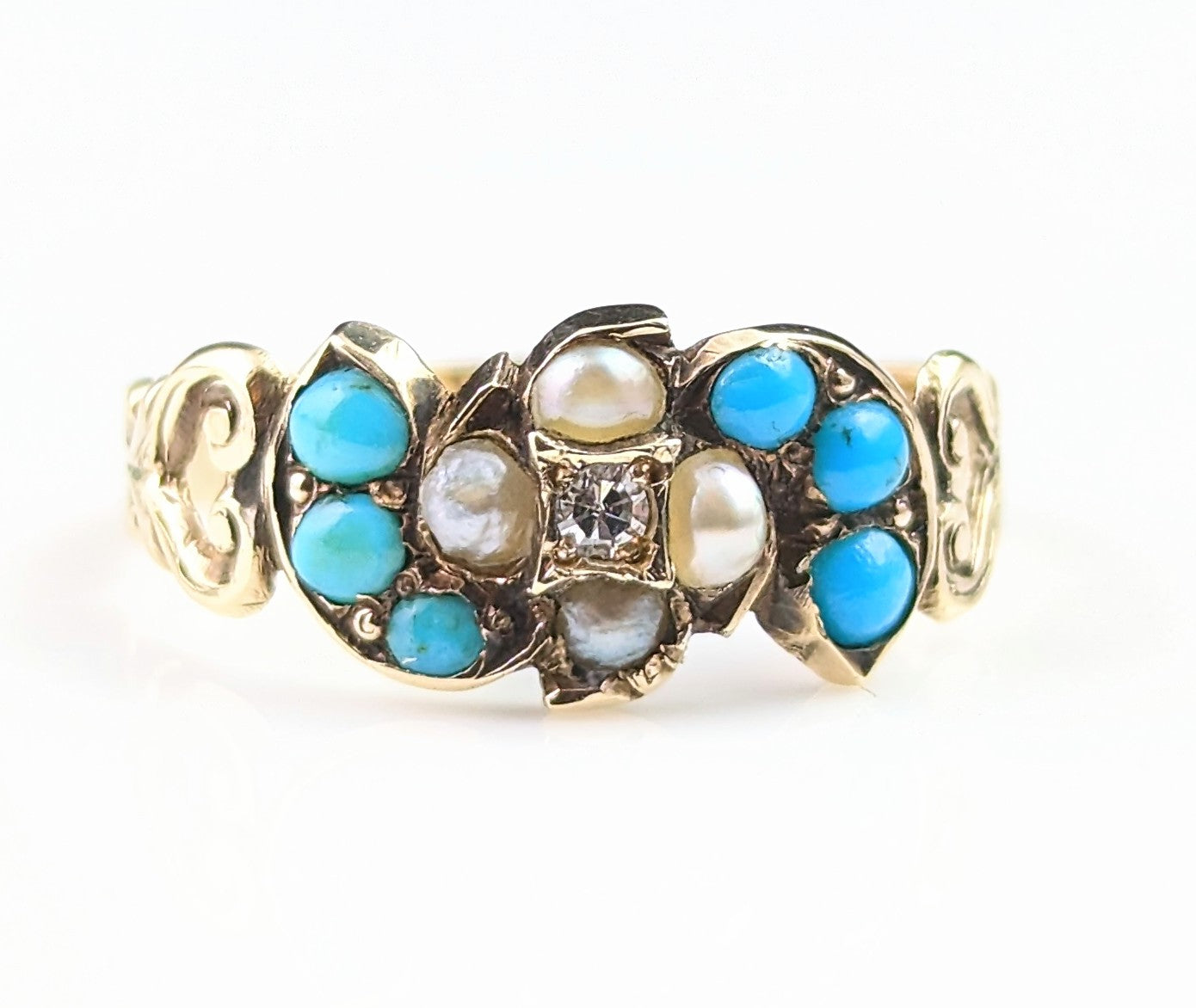 Antique Turquoise, split Pearl and Diamond ring, 9ct gold, Victorian