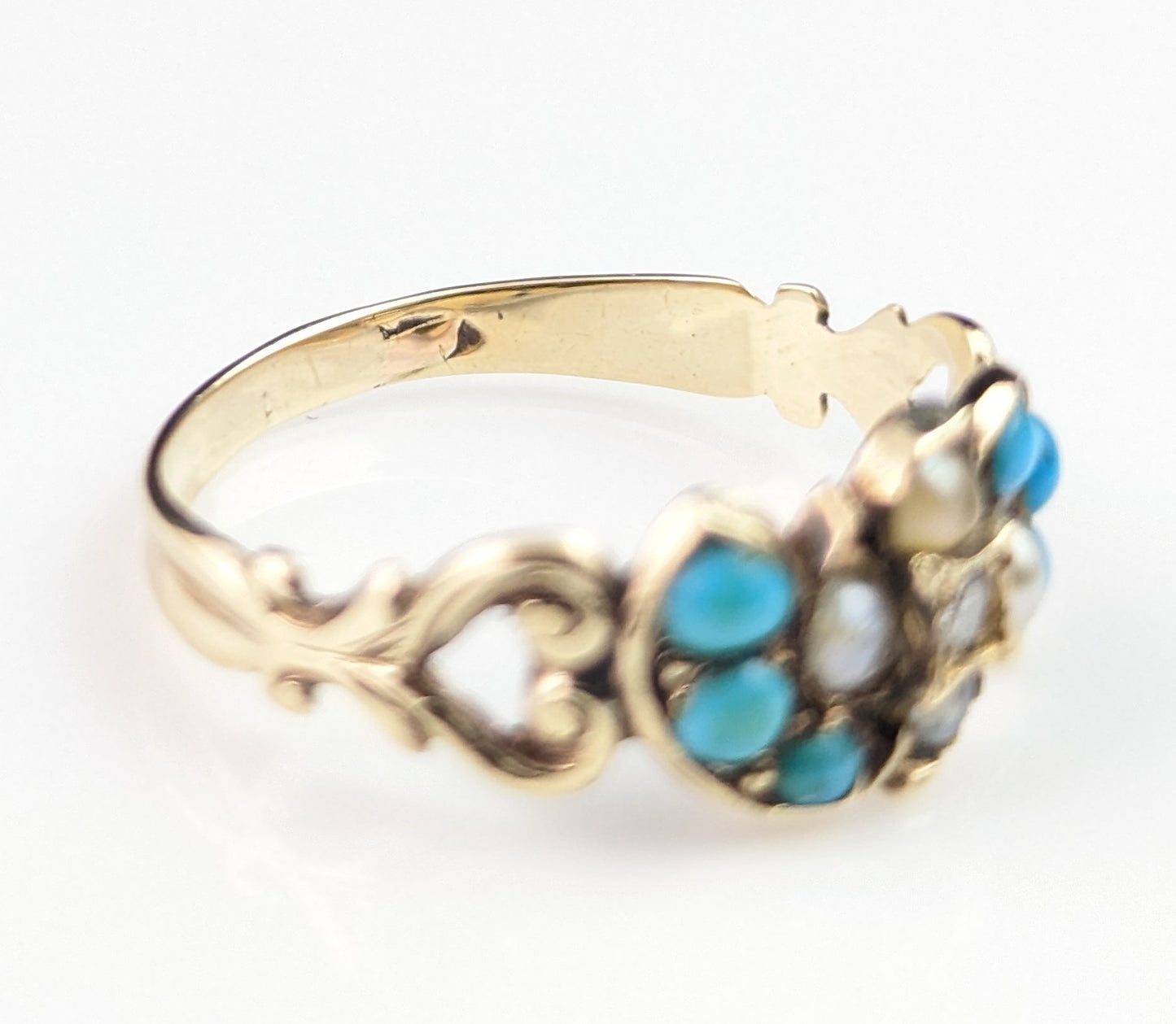 Antique Turquoise, split Pearl and Diamond ring, 9ct gold, Victorian