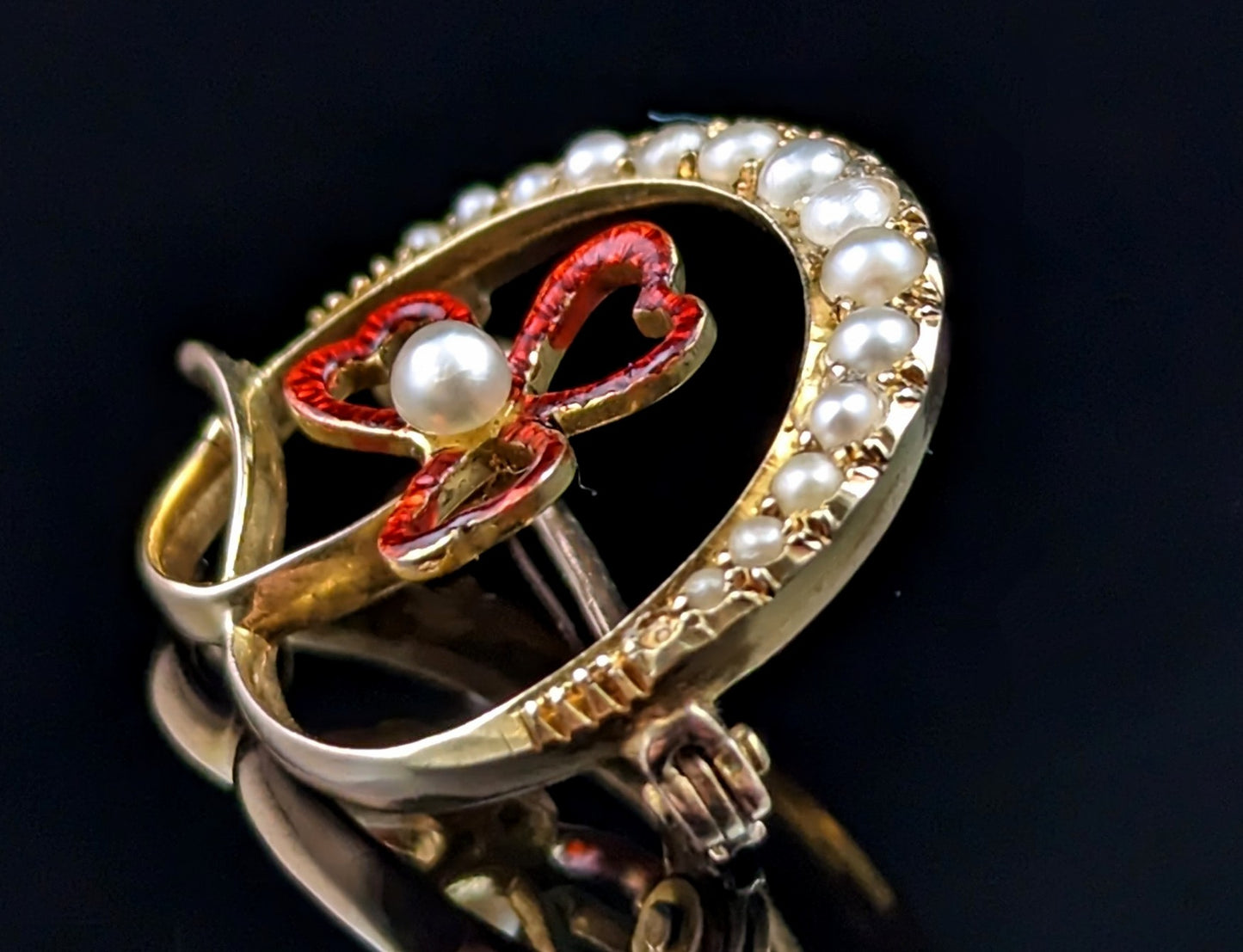 Antique Crescent and Shamrock brooch, Pearl and Red enamel, 15ct gold