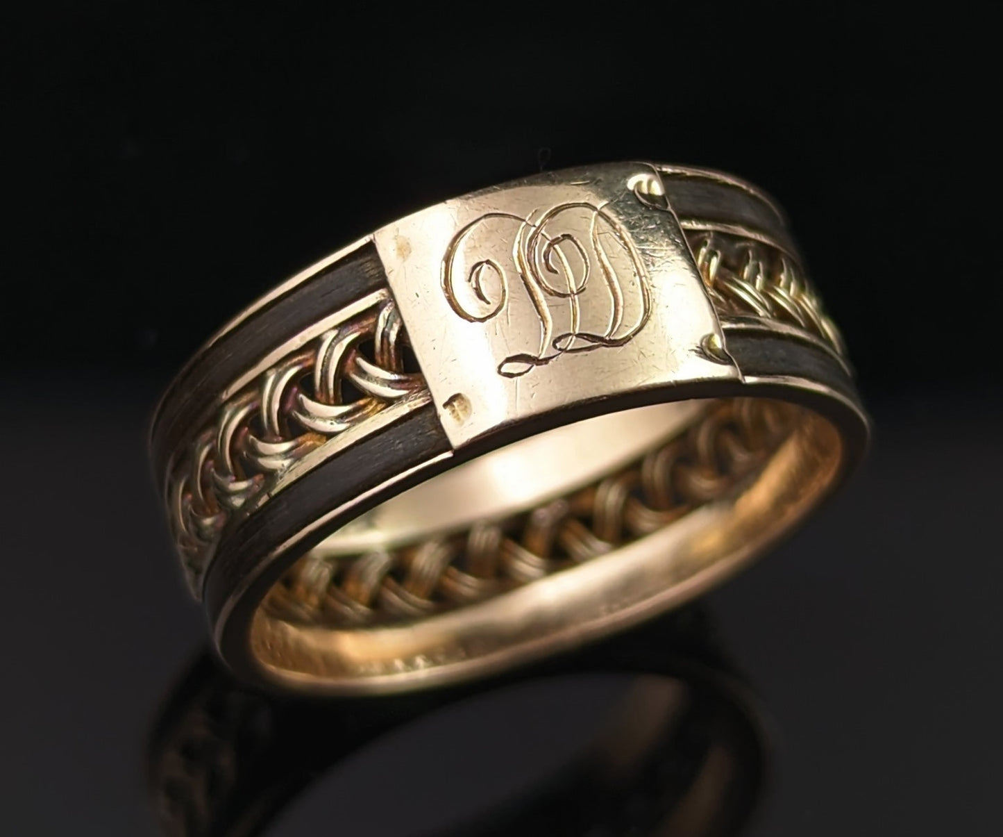 Antique 14ct gold plaited band ring, Elephant hair, Monogrammed