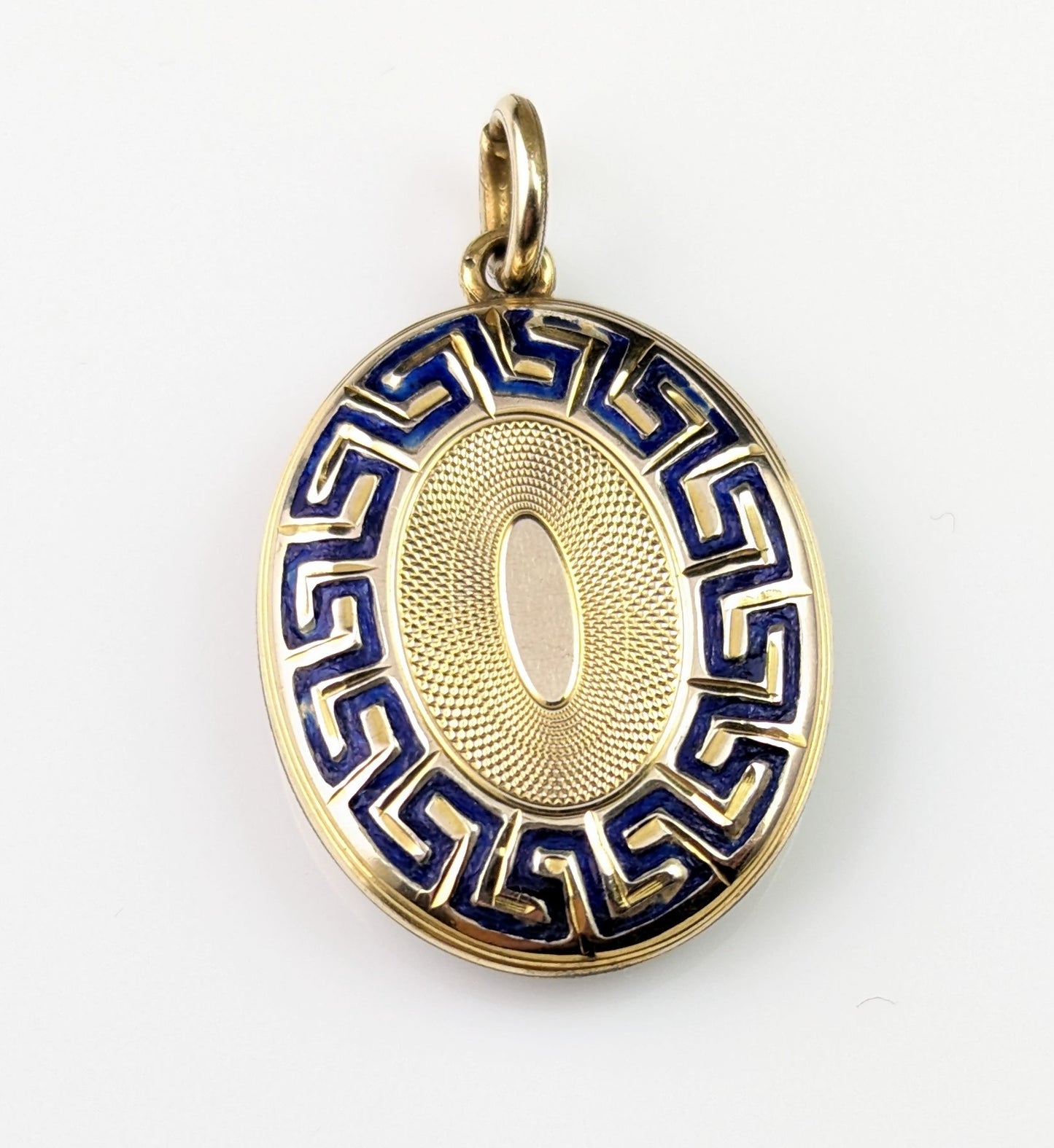 Antique 9ct gold Blue enamel mourning locket, Greek key design