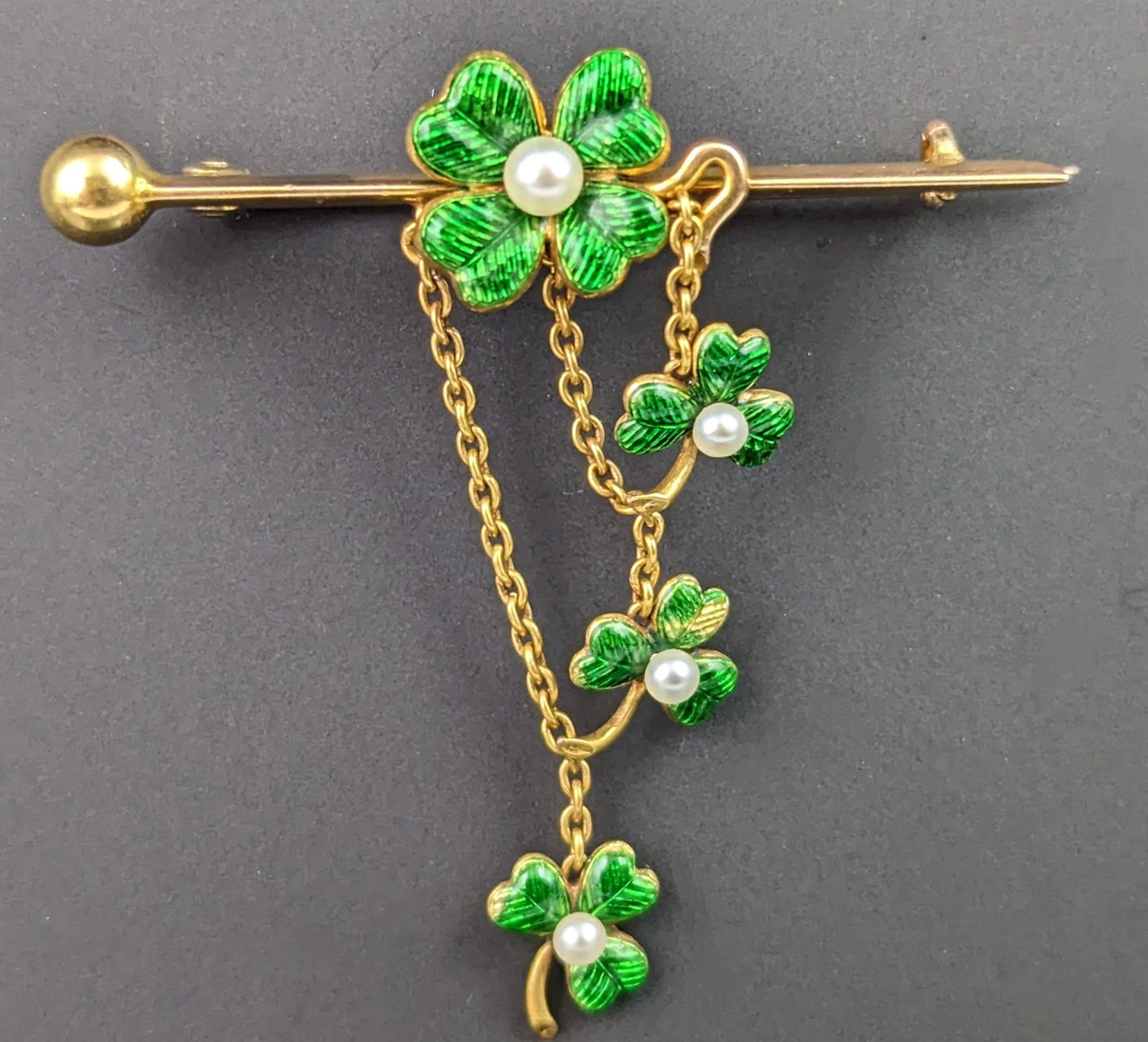 Antique Shamrock brooch, 15ct gold, Guilloche enamel and seed pearl