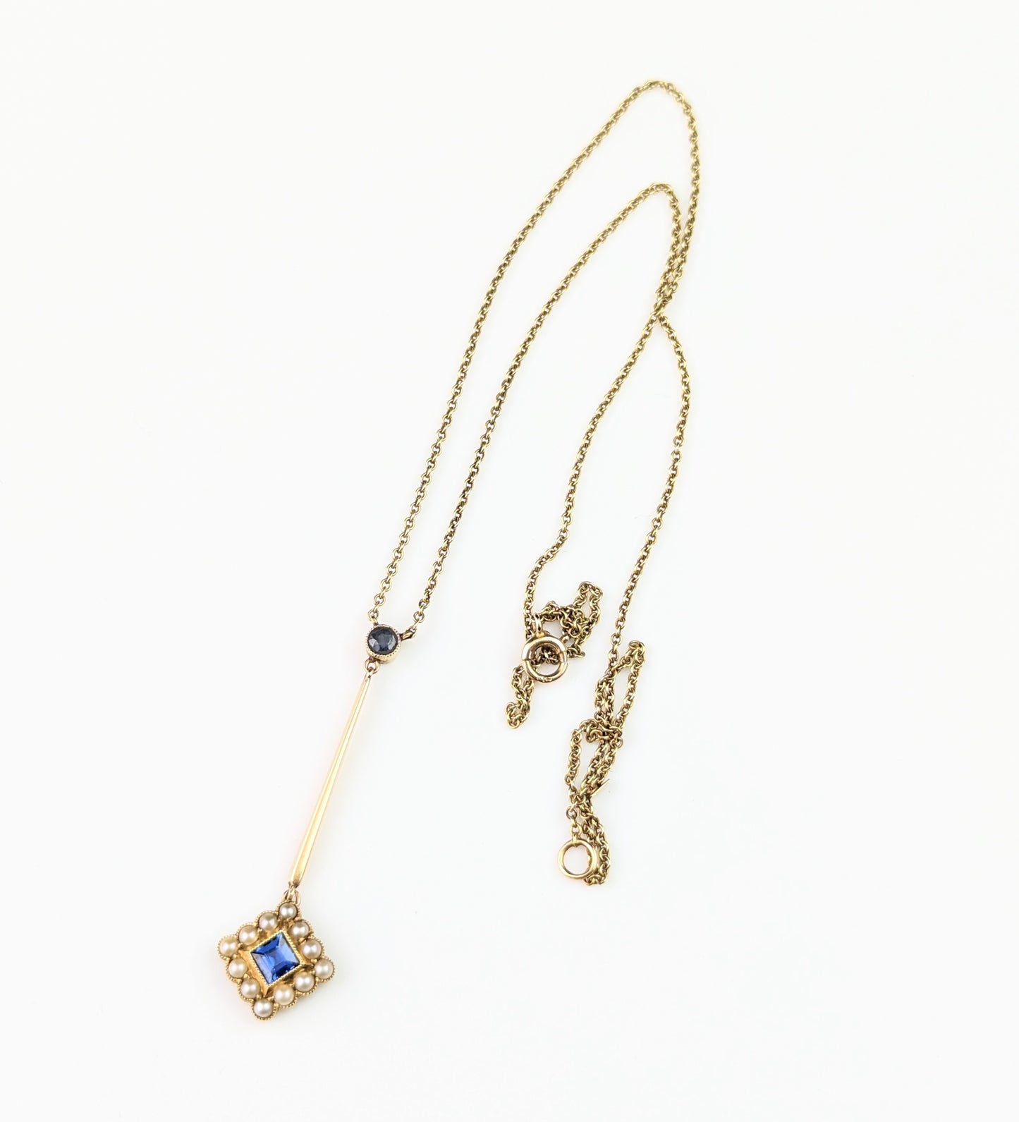 Antique Sapphire and Pearl drop pendant necklace, 15ct yellow gold