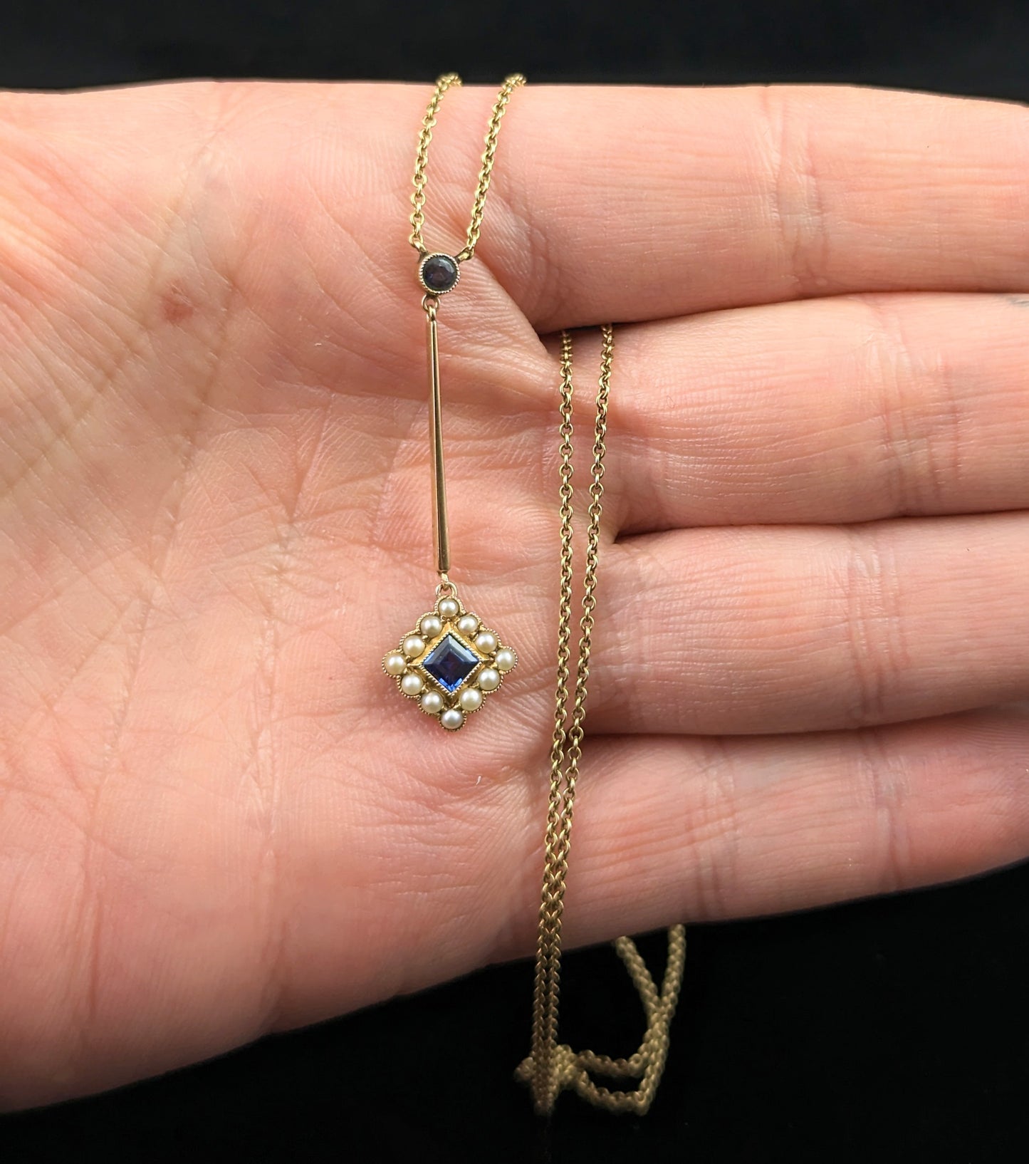 Antique Sapphire and Pearl drop pendant necklace, 15ct yellow gold