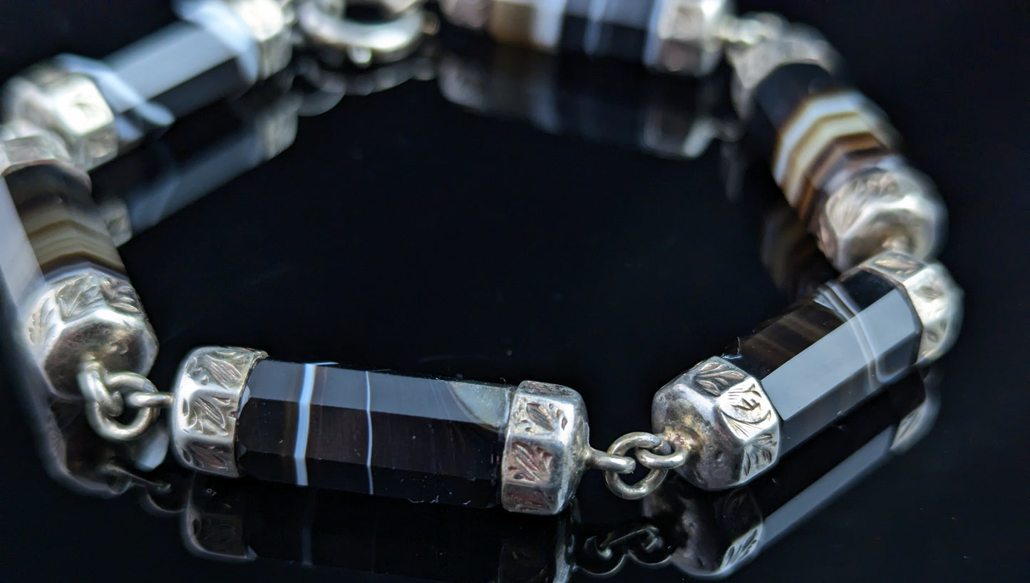 Antique Scottish banded agate bracelet, Sterling silver