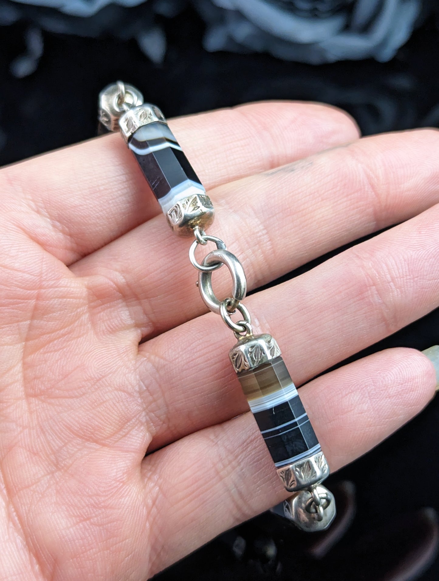 Antique Scottish banded agate bracelet, Sterling silver