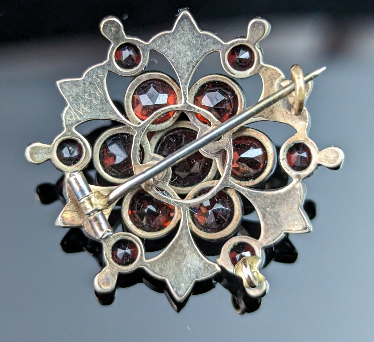 Antique Bohemian garnet Floral cluster brooch, Silver gilt