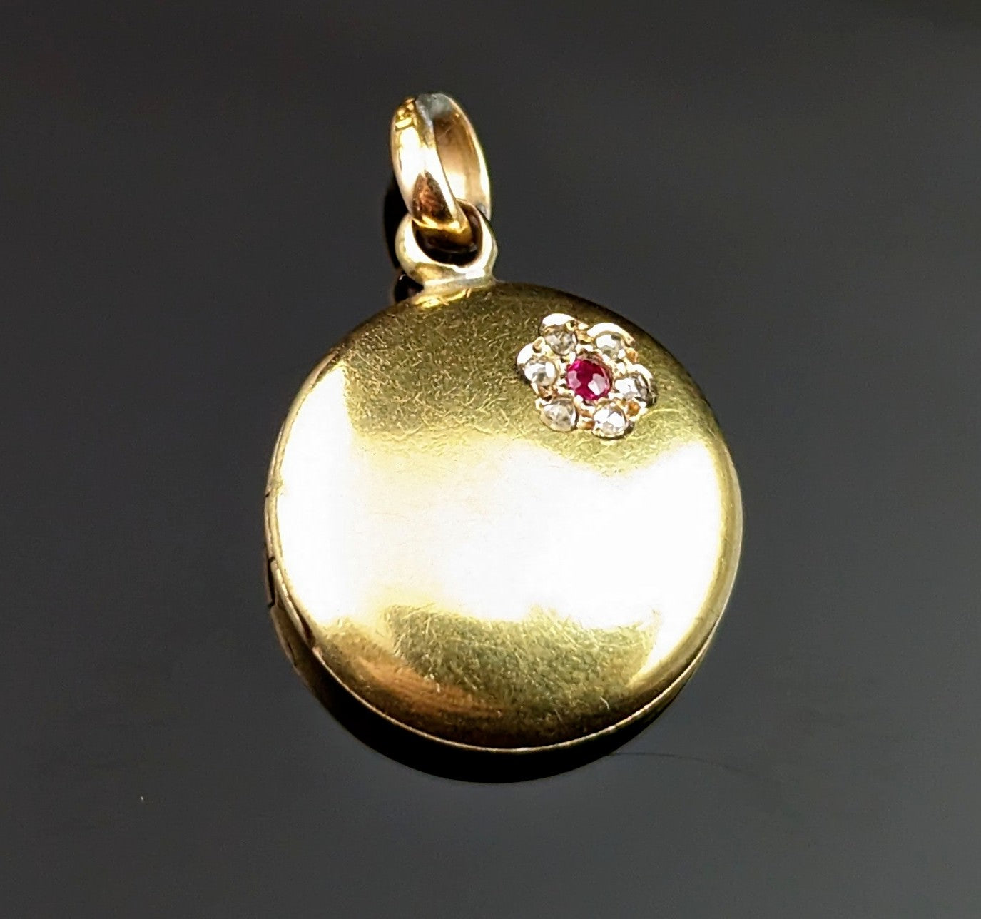 Dainty Antique 15ct gold Ruby and Diamond locket pendant, floral