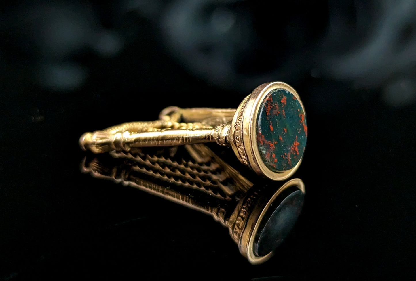 Antique novelty seal fob pendant, Harp, Bloodstone