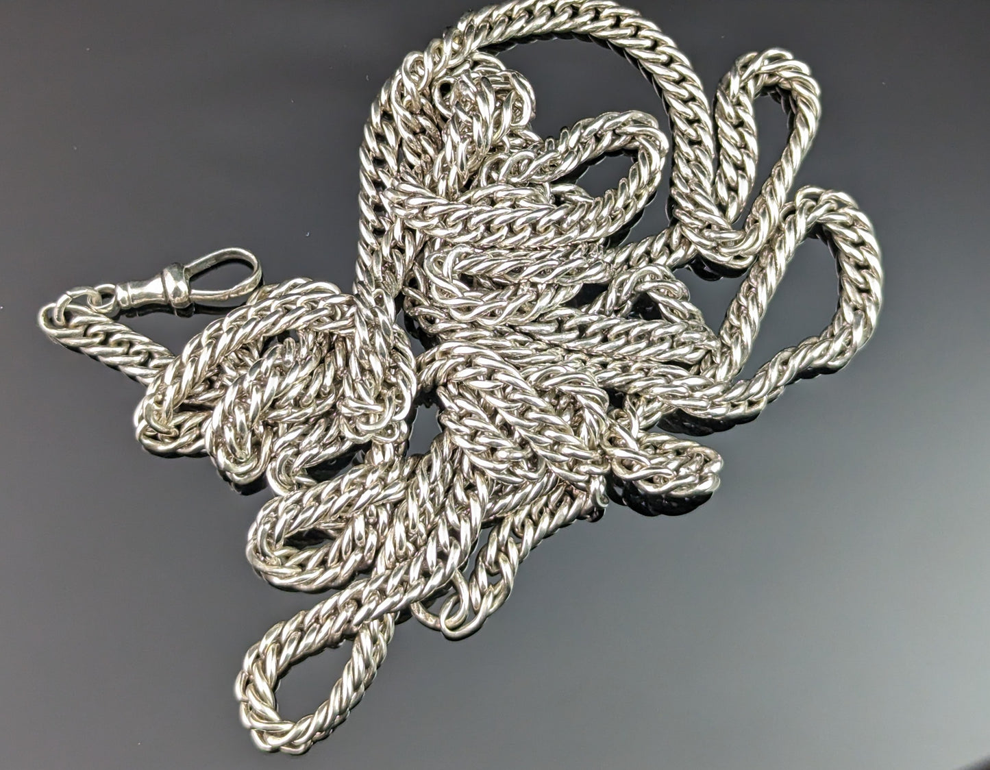 Antique French silver long chain necklace, longuard chain, 900 silver