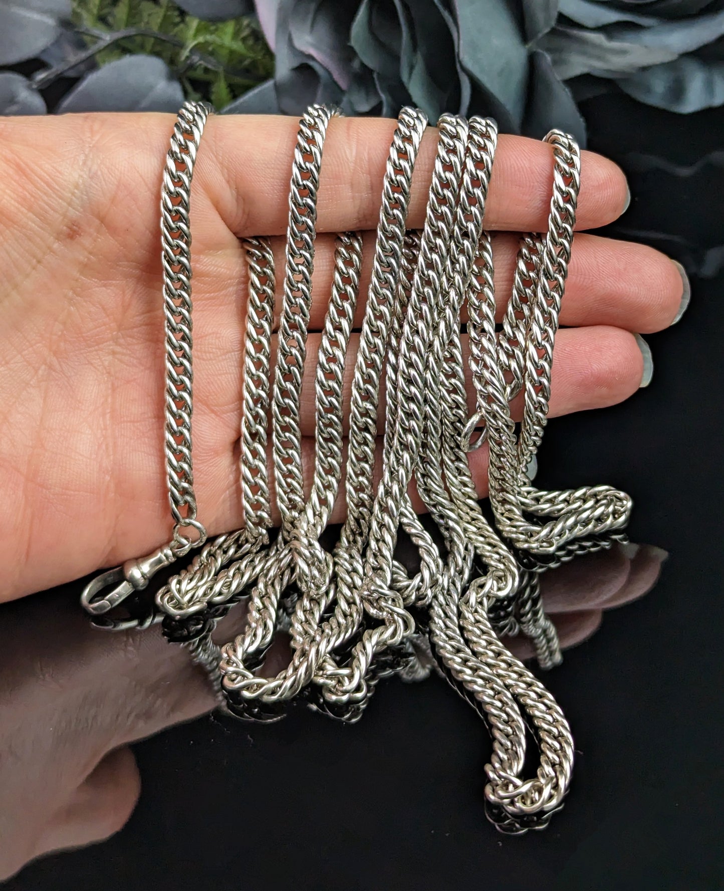 Antique French silver long chain necklace, longuard chain, 900 silver