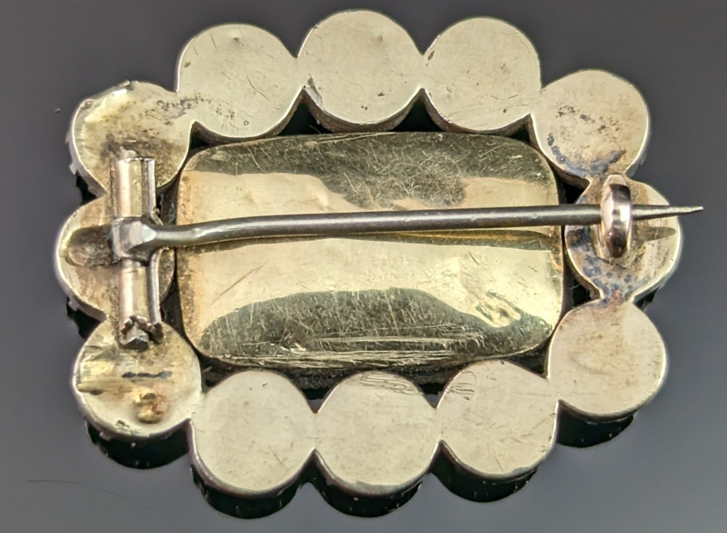 Antique Georgian Flat cut Garnet Mourning brooch, pearl, 9ct gold