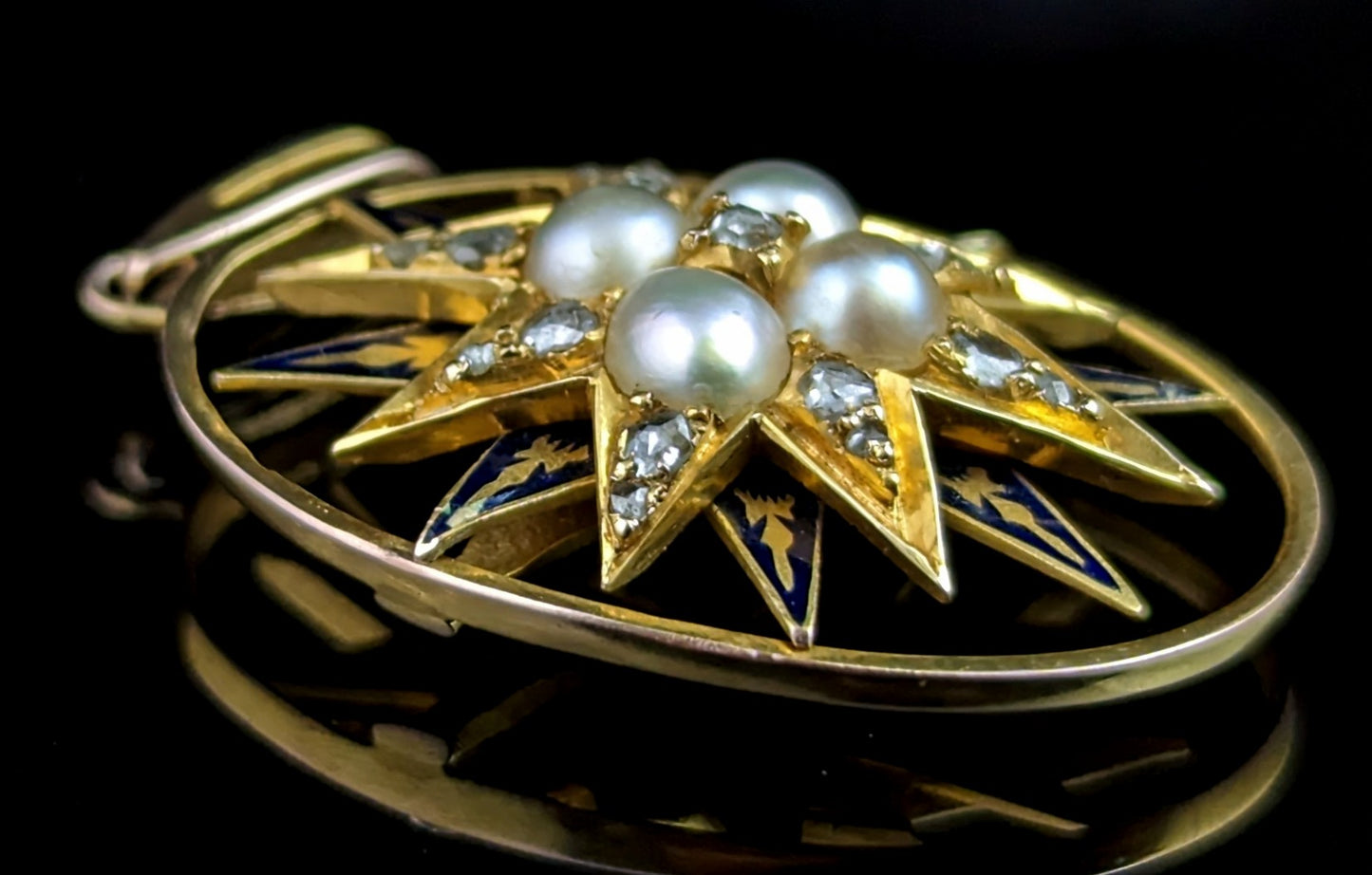Antique Diamond and Split Pearl star pendant, 9ct gold, Blue enamel