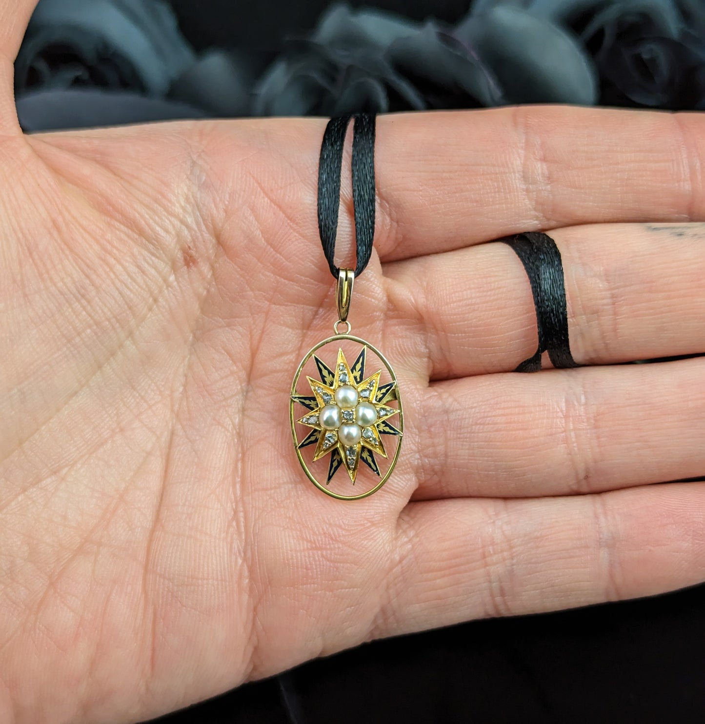 Antique Diamond and Split Pearl star pendant, 9ct gold, Blue enamel