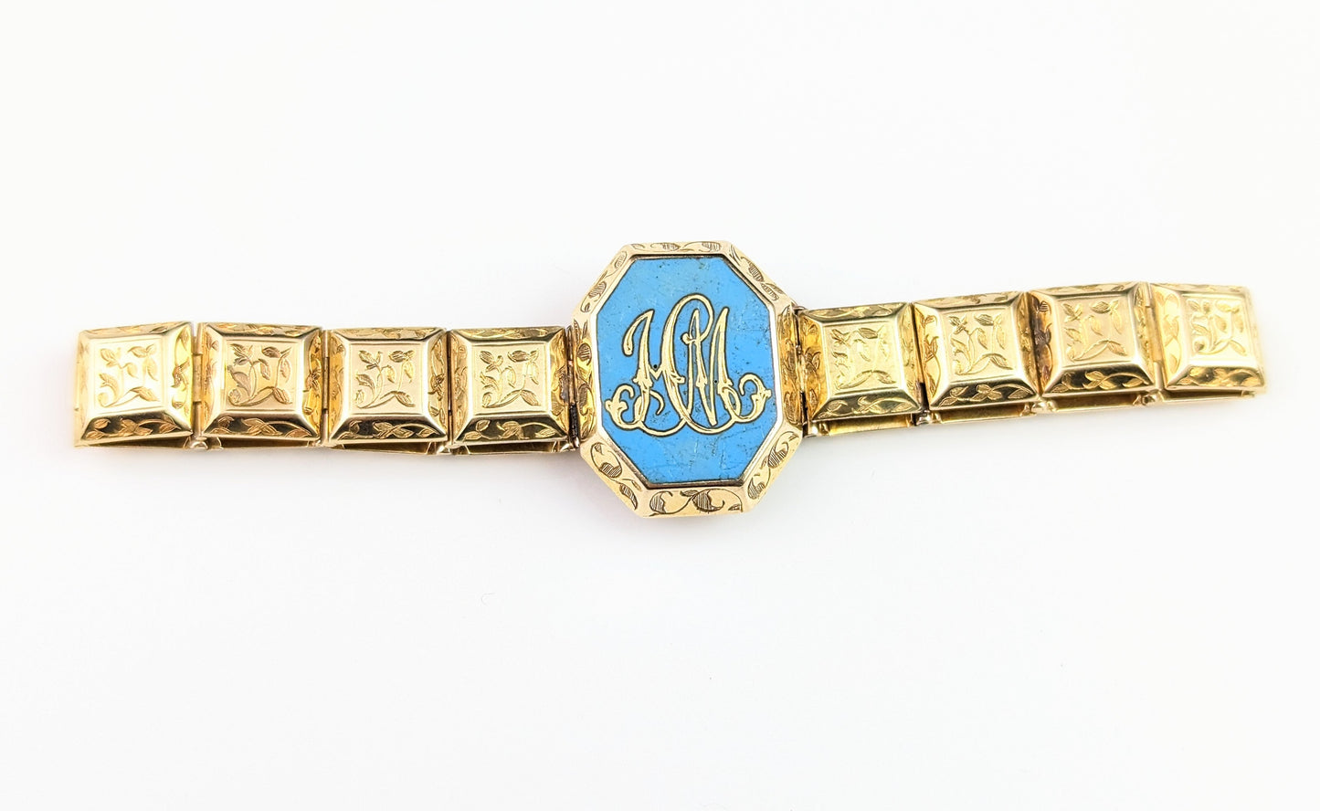 Antique 18ct gold Mourning bracelet, Blue enamel, Victorian
