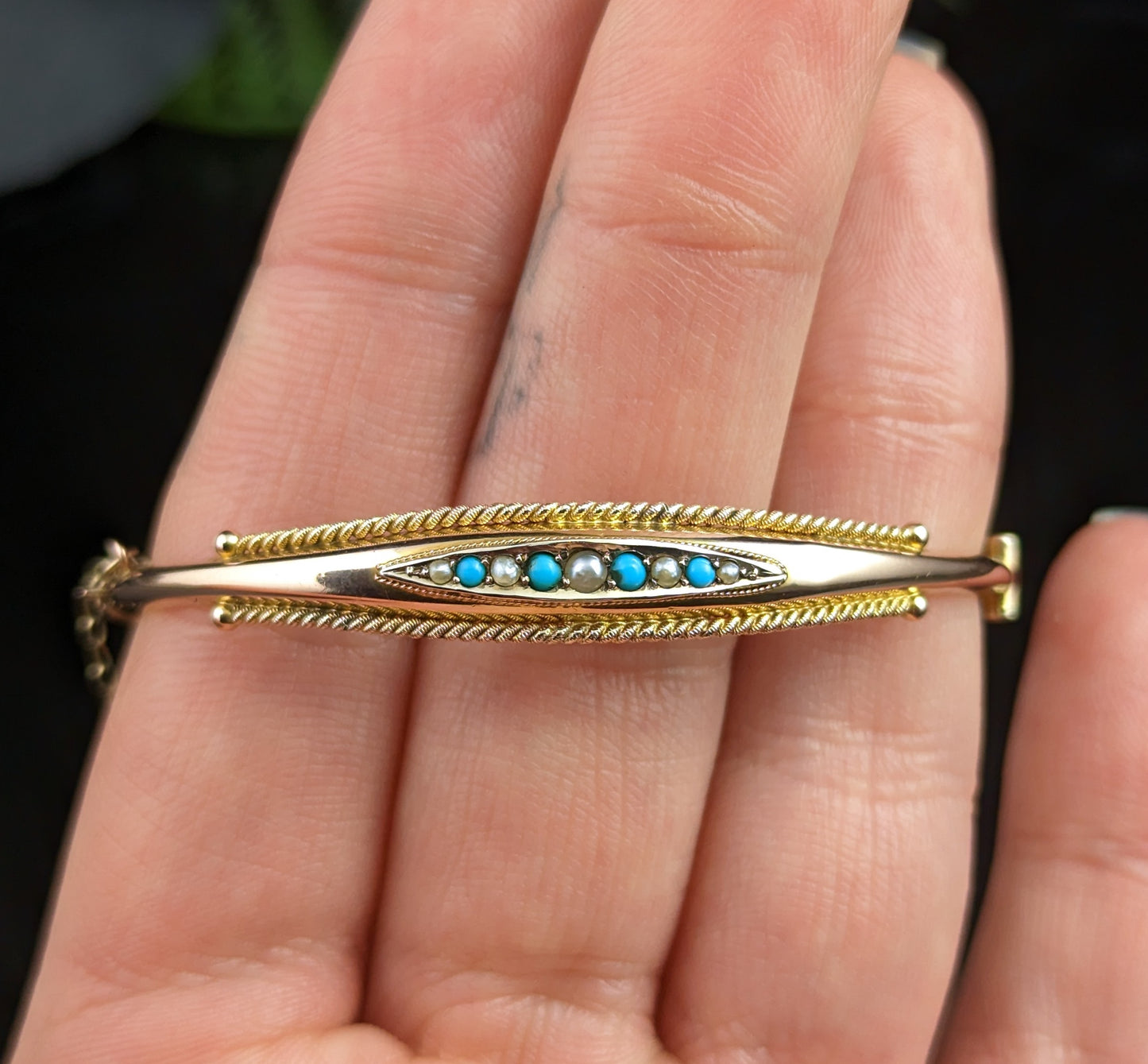 Antique 9k Rose gold Turquoise and pearl bangle, Victorian