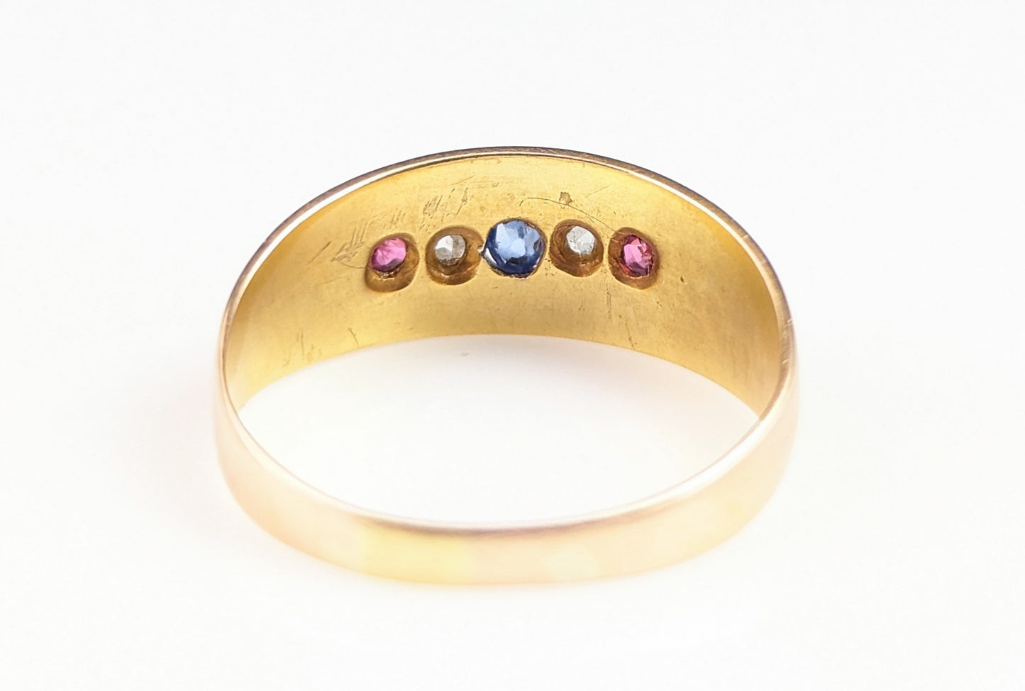 Antique 15ct gold, Ruby, Sapphire and Diamond Gypsy set ring