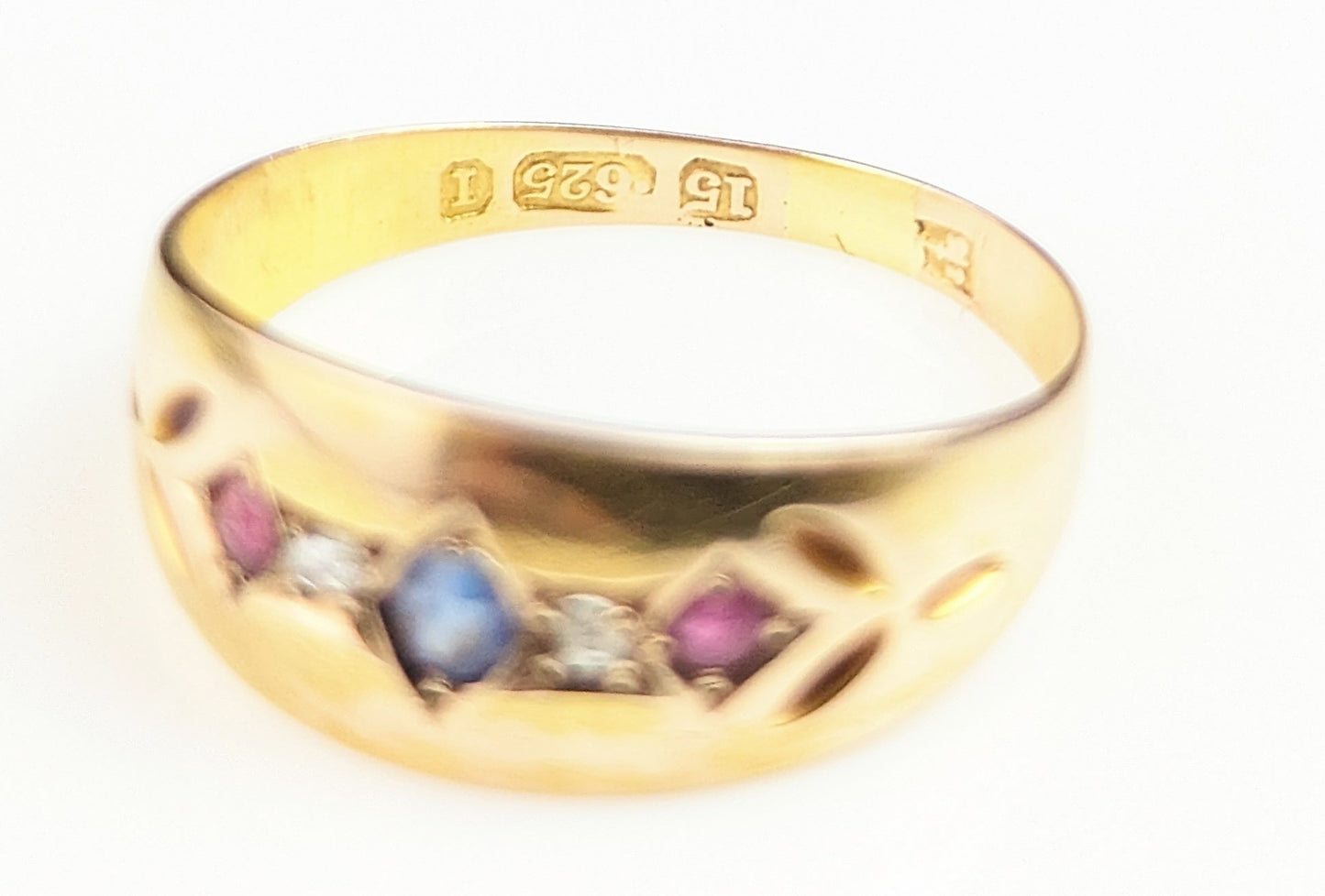 Antique 15ct gold, Ruby, Sapphire and Diamond Gypsy set ring