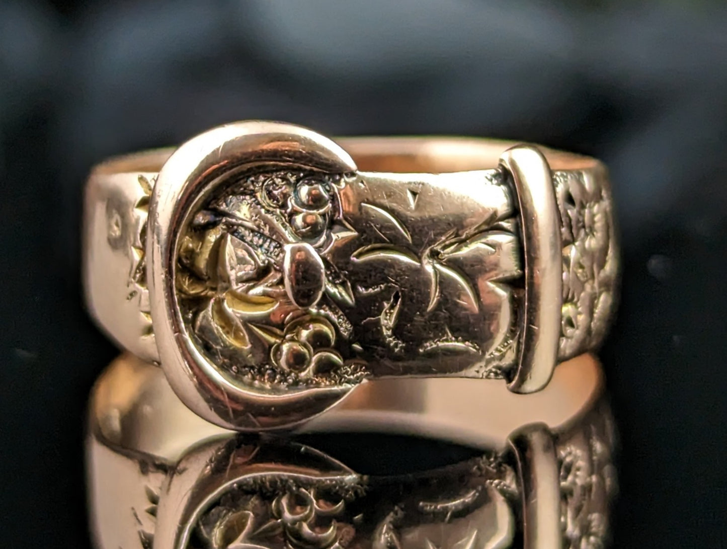 Vintage 9ct rose gold engraved buckle ring, 1920s
