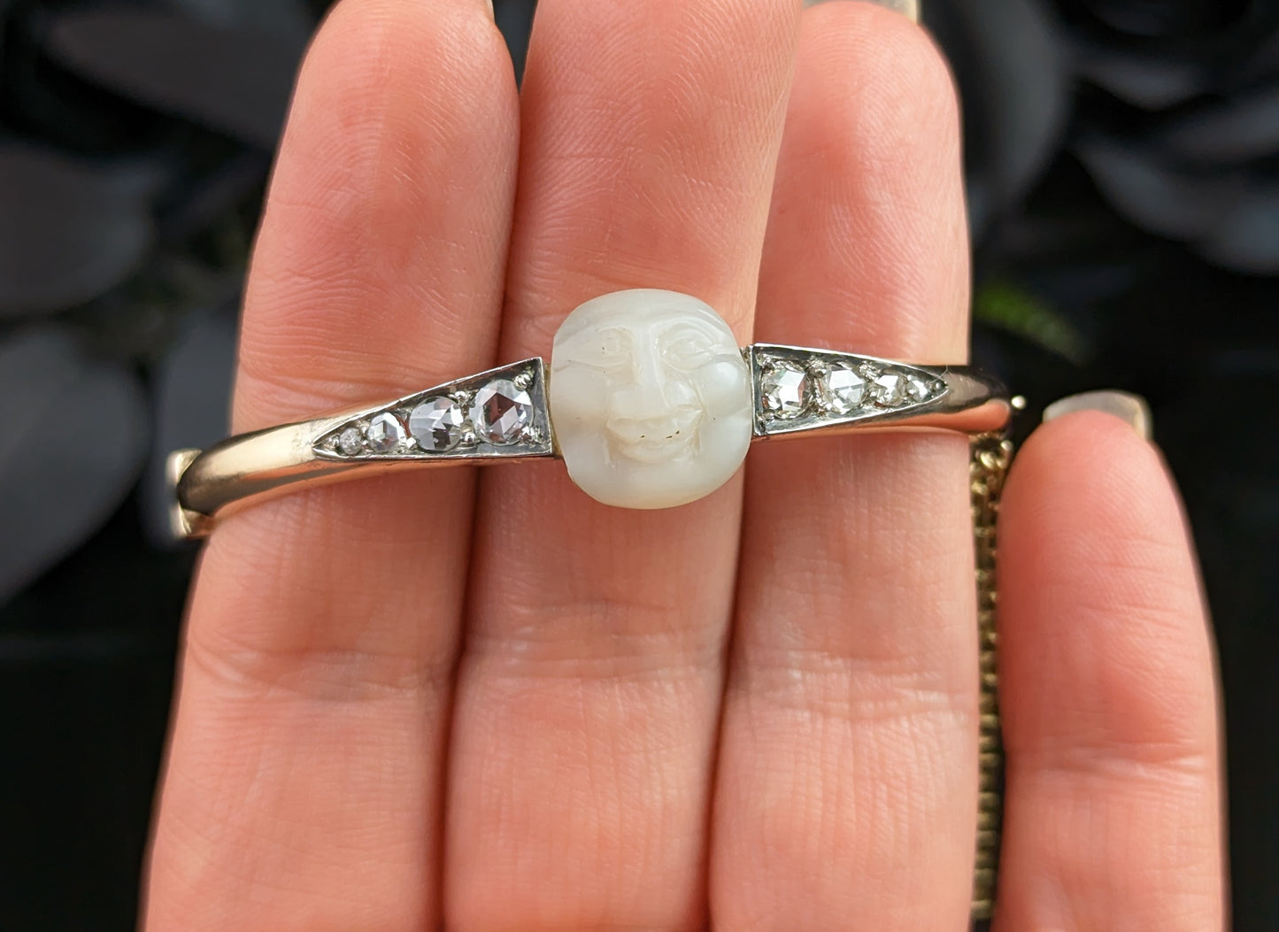 Antique Victorian Diamond Man in the Moon bangle, 18ct gold, Mother of Pearl