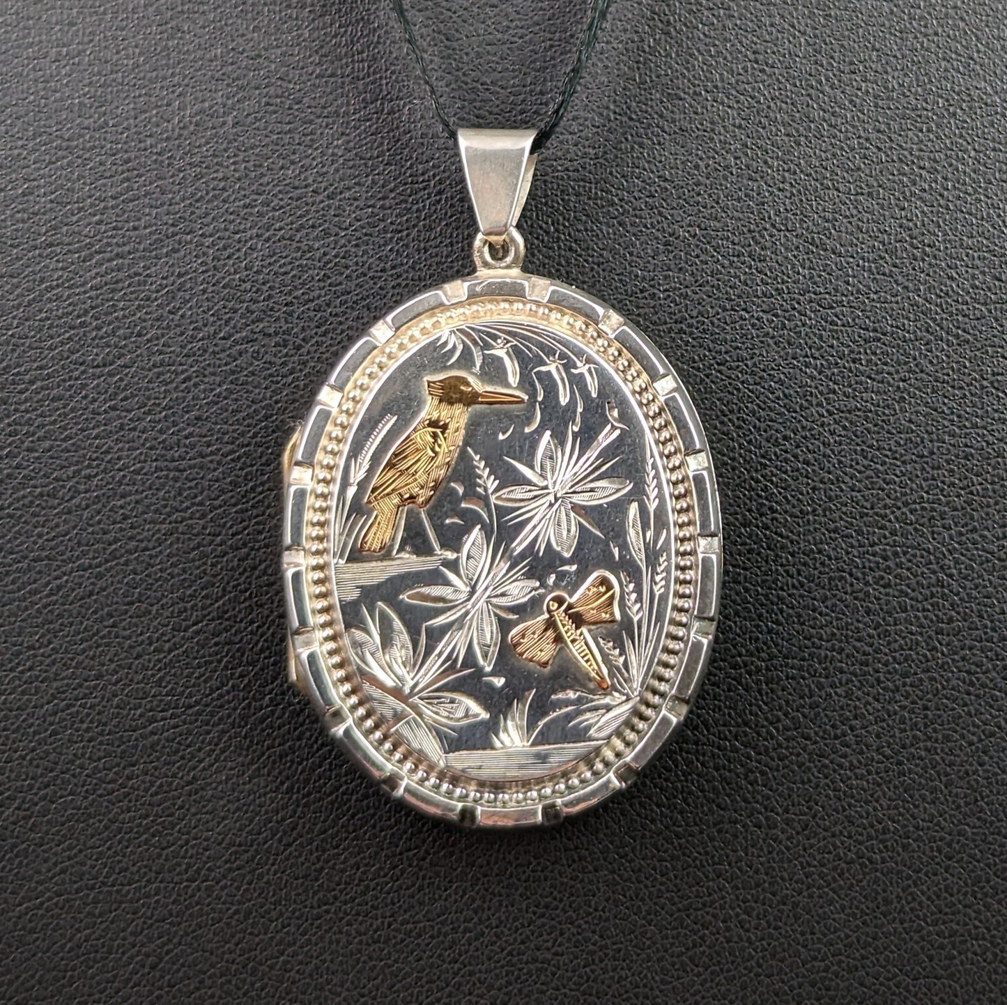 Victorian aesthetic locket, silver and 9ct gold, Kingfisher, Swallow and Dragonfly