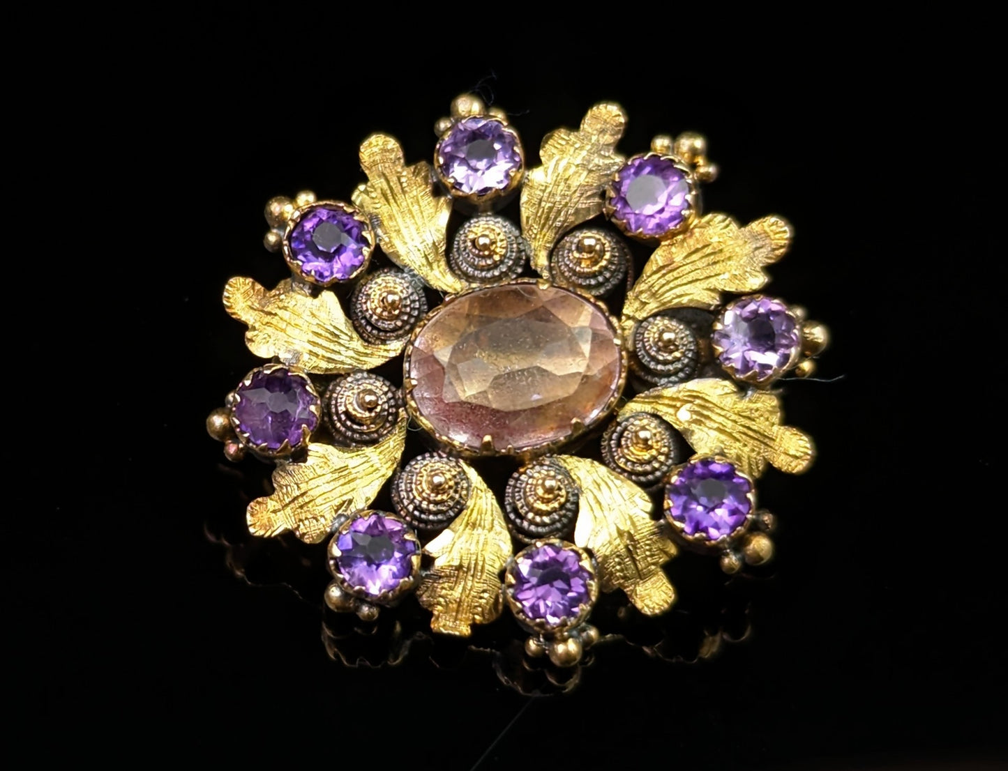 Antique Georgian Amethyst and Cannetille work brooch, 18ct gold, Acanthus Leaf