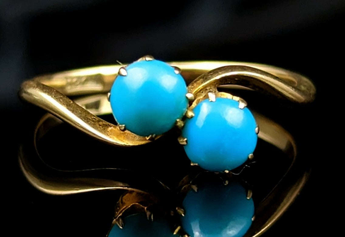 Vintage Art Deco Turquoise crossover ring, 18ct gold, Toi et Moi