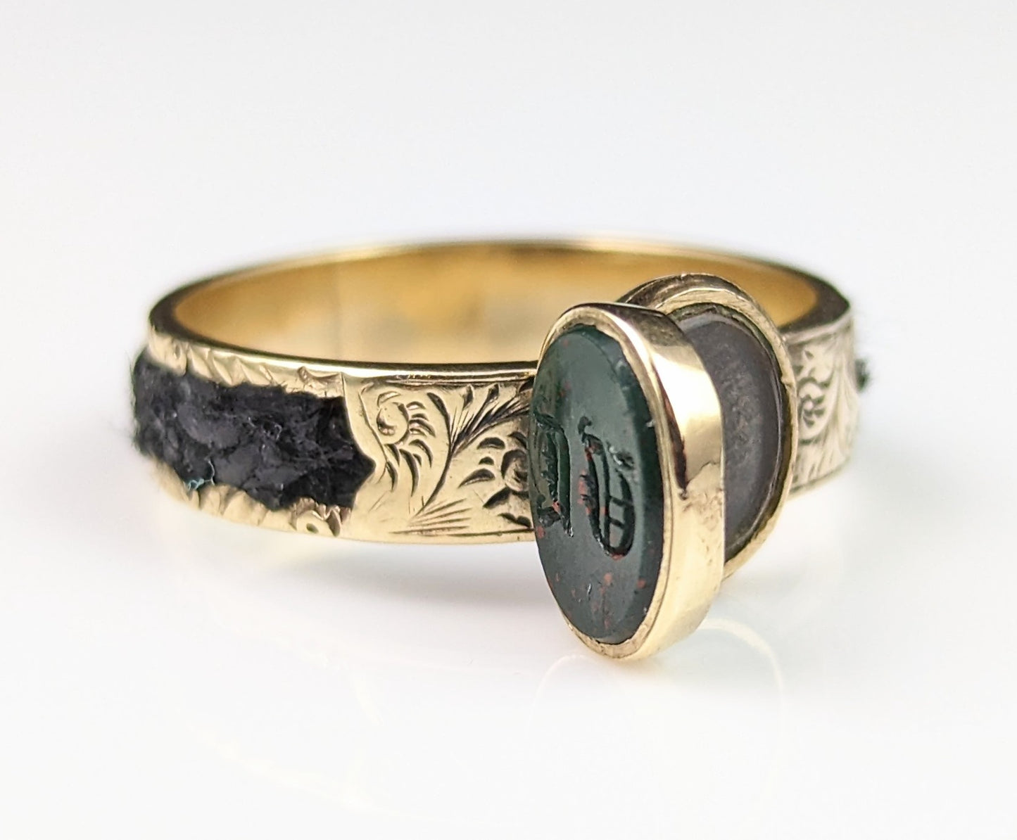 Antique Mourning locket ring, Bloodstone intaglio, Poison ring