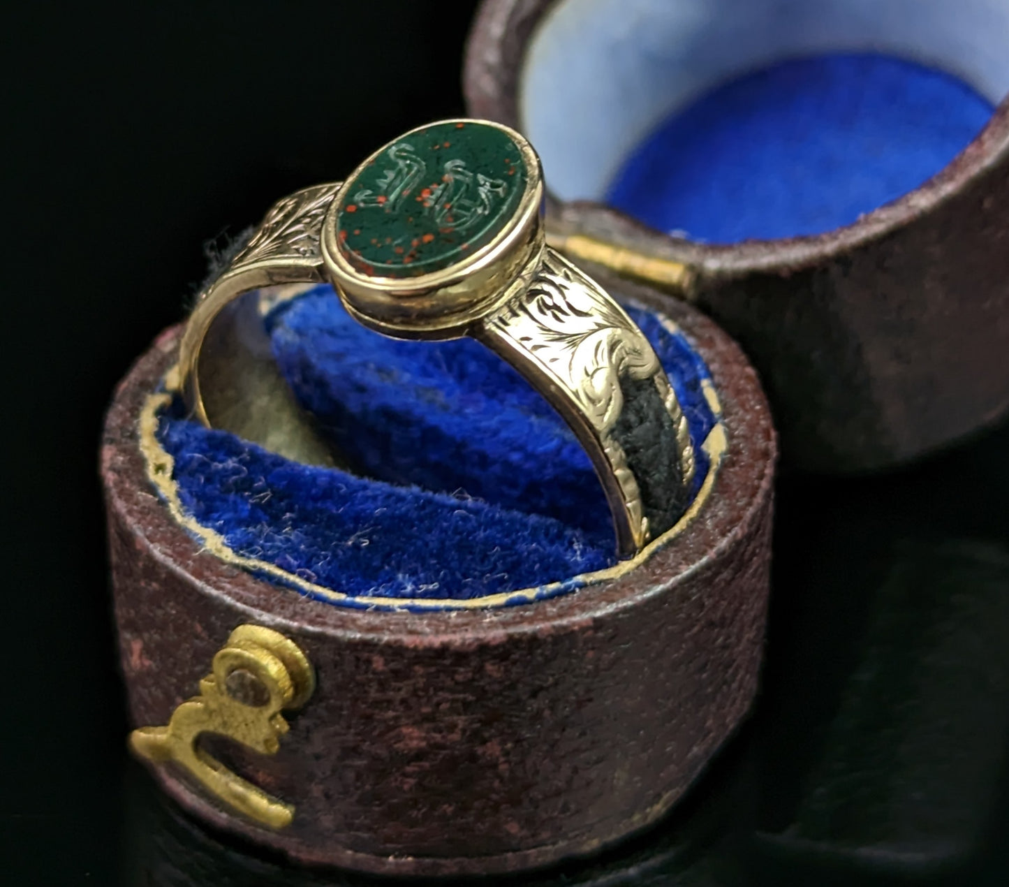 Antique Mourning locket ring, Bloodstone intaglio, Poison ring