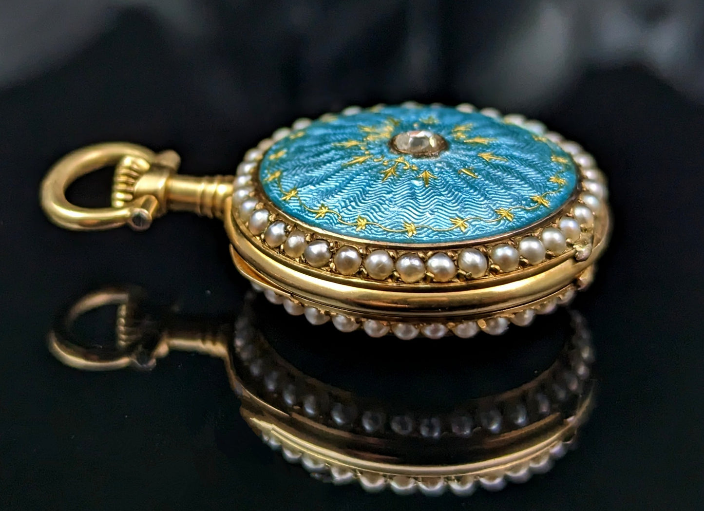 Antique Diamond and Pearl fob watch, 18k gold, Guilloche enamel