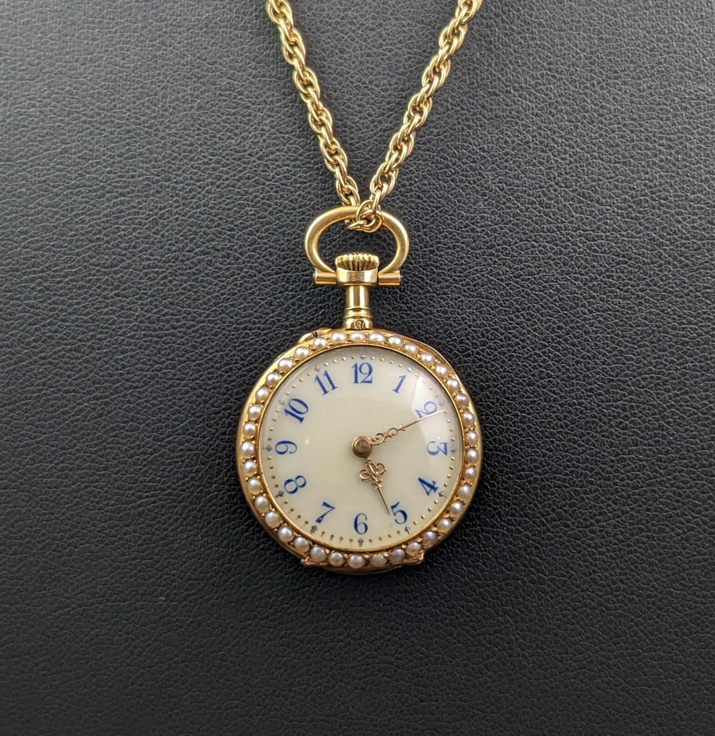 Antique Diamond and Pearl fob watch, 18k gold, Guilloche enamel