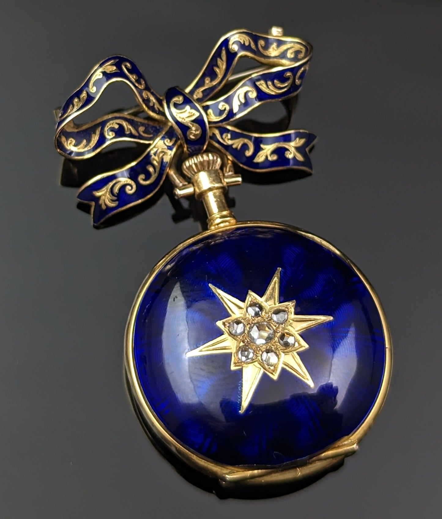 Antique Diamond star fob watch, 18ct gold, Blue enamel, Bow brooch
