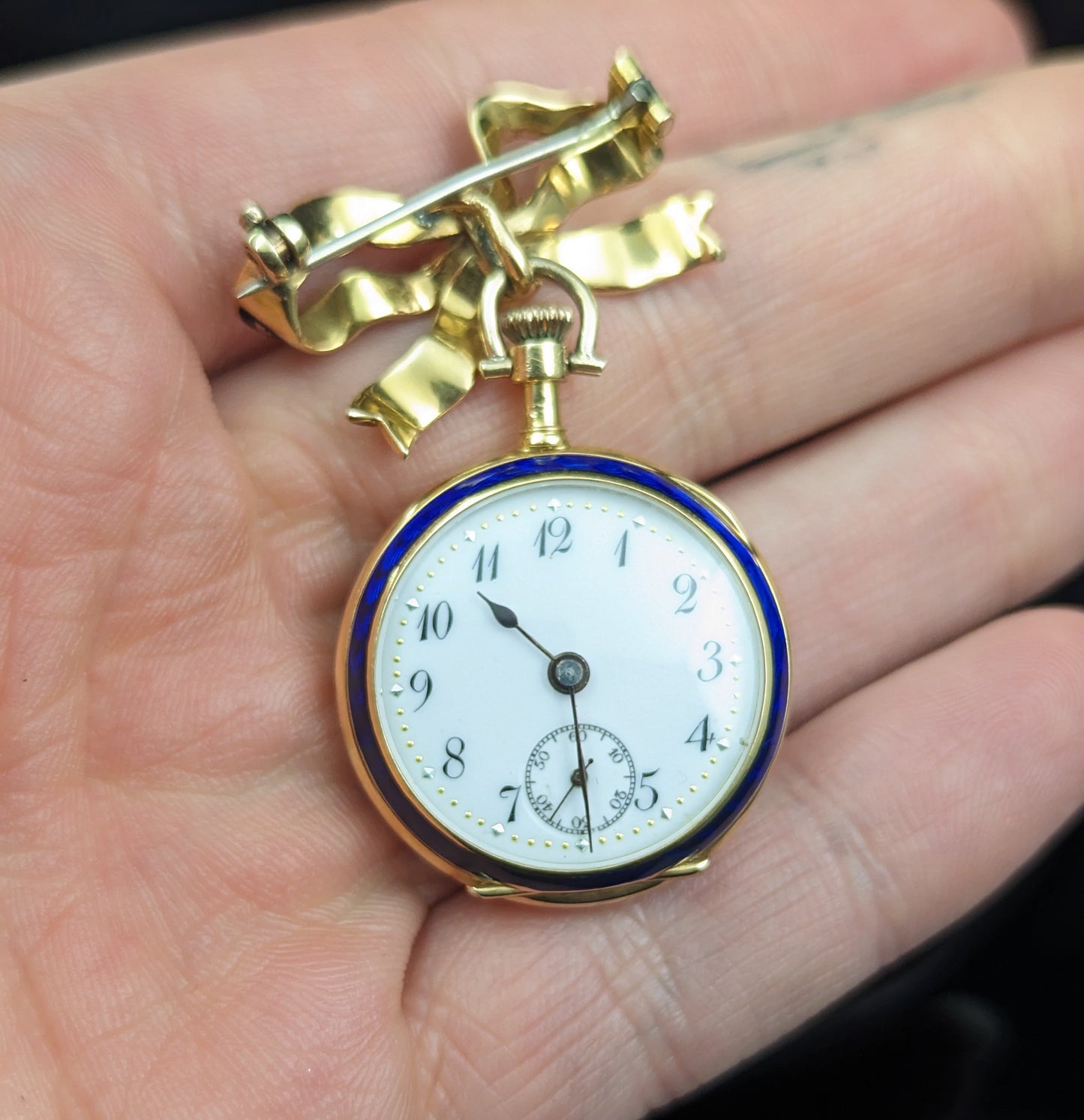 Antique Diamond star fob watch, 18ct gold, Blue enamel, Bow brooch