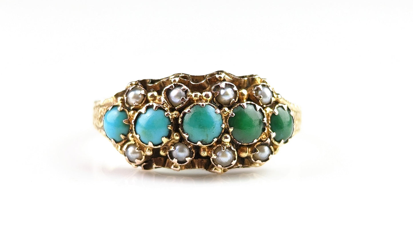 Antique Turquoise and pearl triple row ring, 15ct gold, Victorian