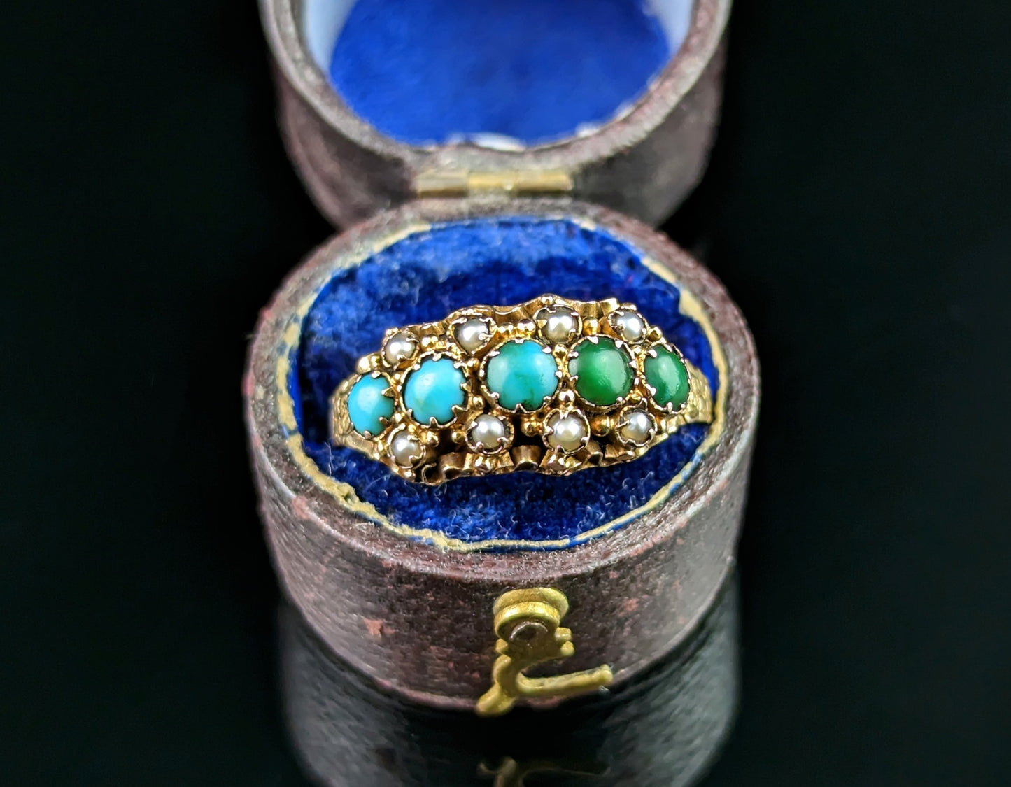 Antique Turquoise and pearl triple row ring, 15ct gold, Victorian