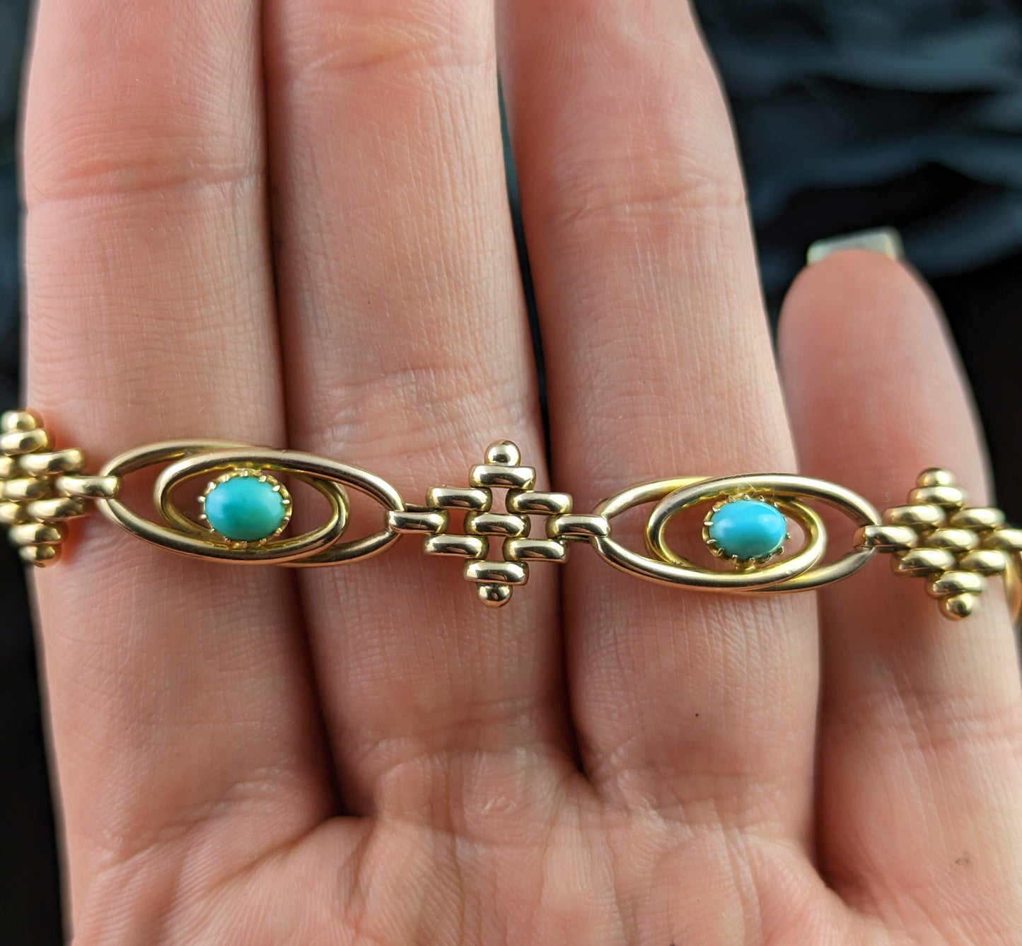 Antique 9ct gold fancy link bracelet, turquoise, Edwardian