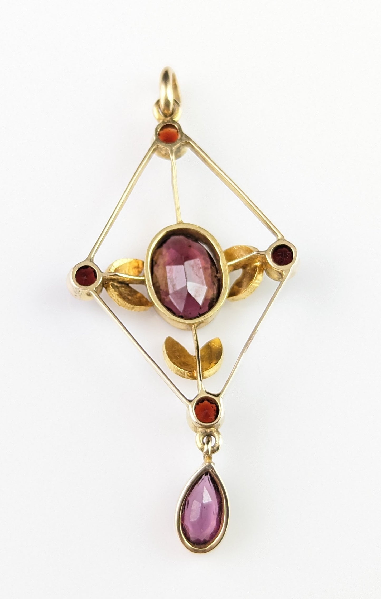 Antique Almandine garnet and pearl lavalier pendant, 9ct gold, Art Nouveau