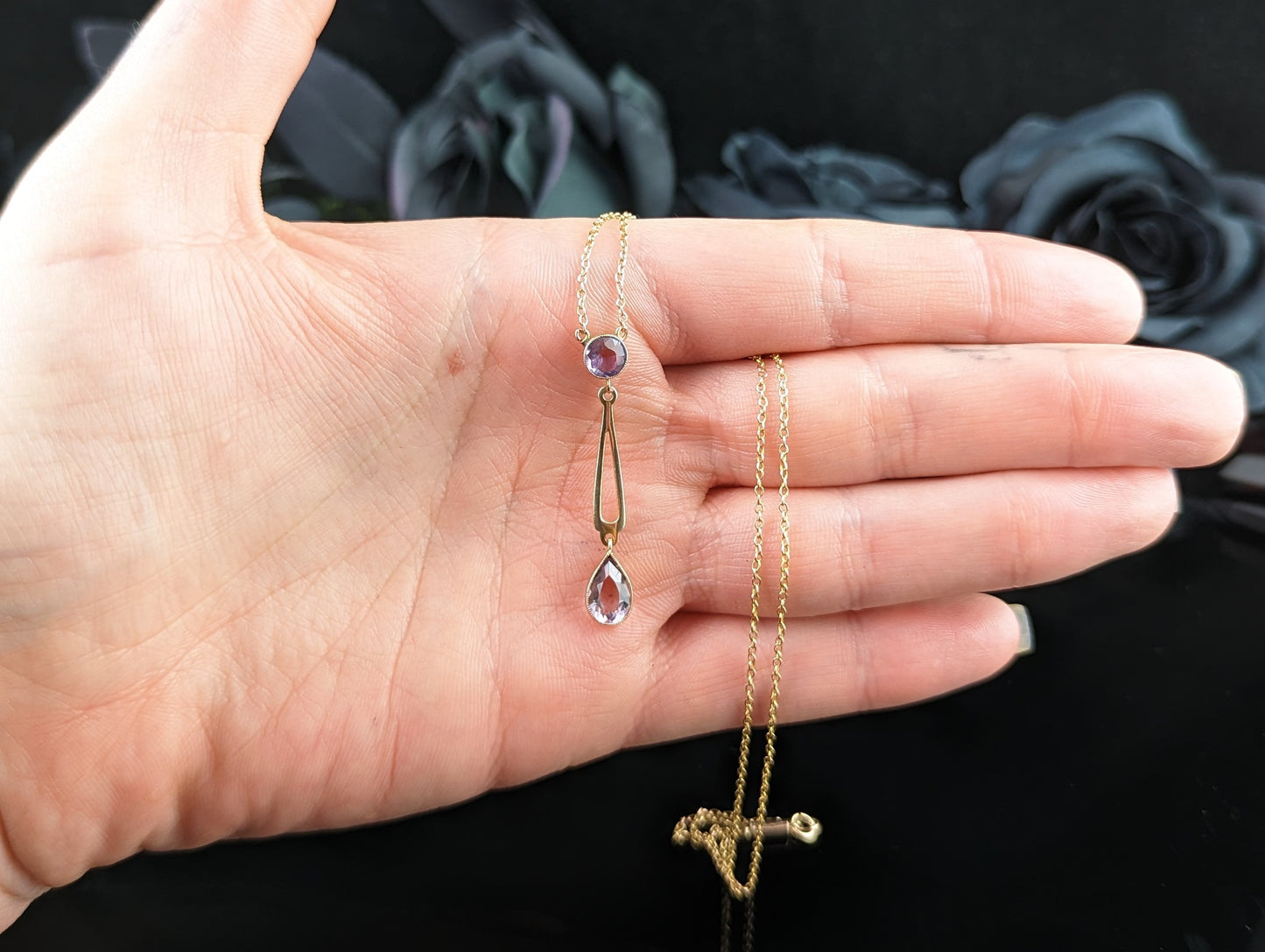 Antique Amethyst drop necklace, 9ct gold, lariat