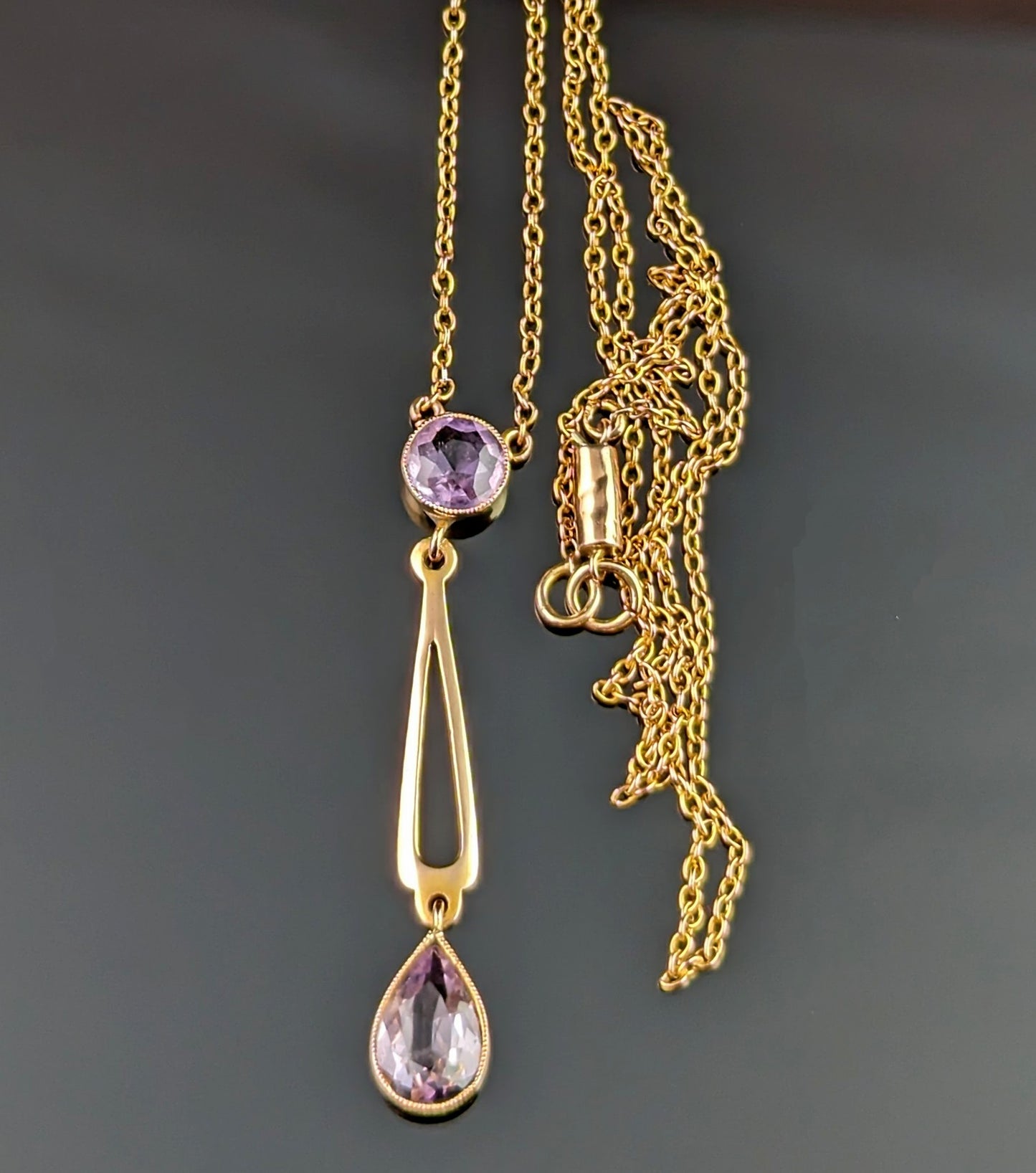 Antique Amethyst drop necklace, 9ct gold, lariat
