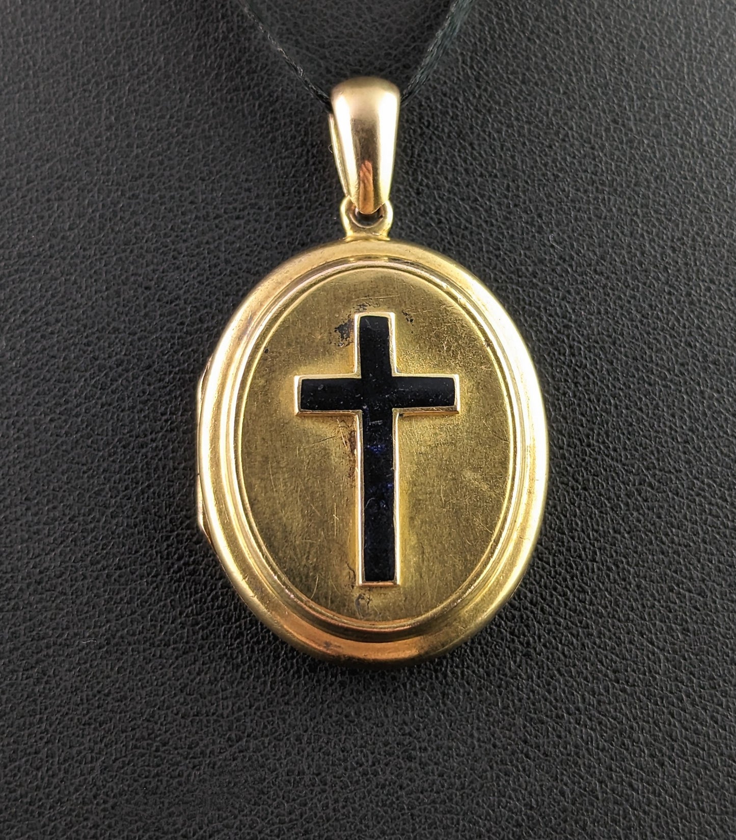 Antique 18ct gold mourning locket, Black enamel cross pendant
