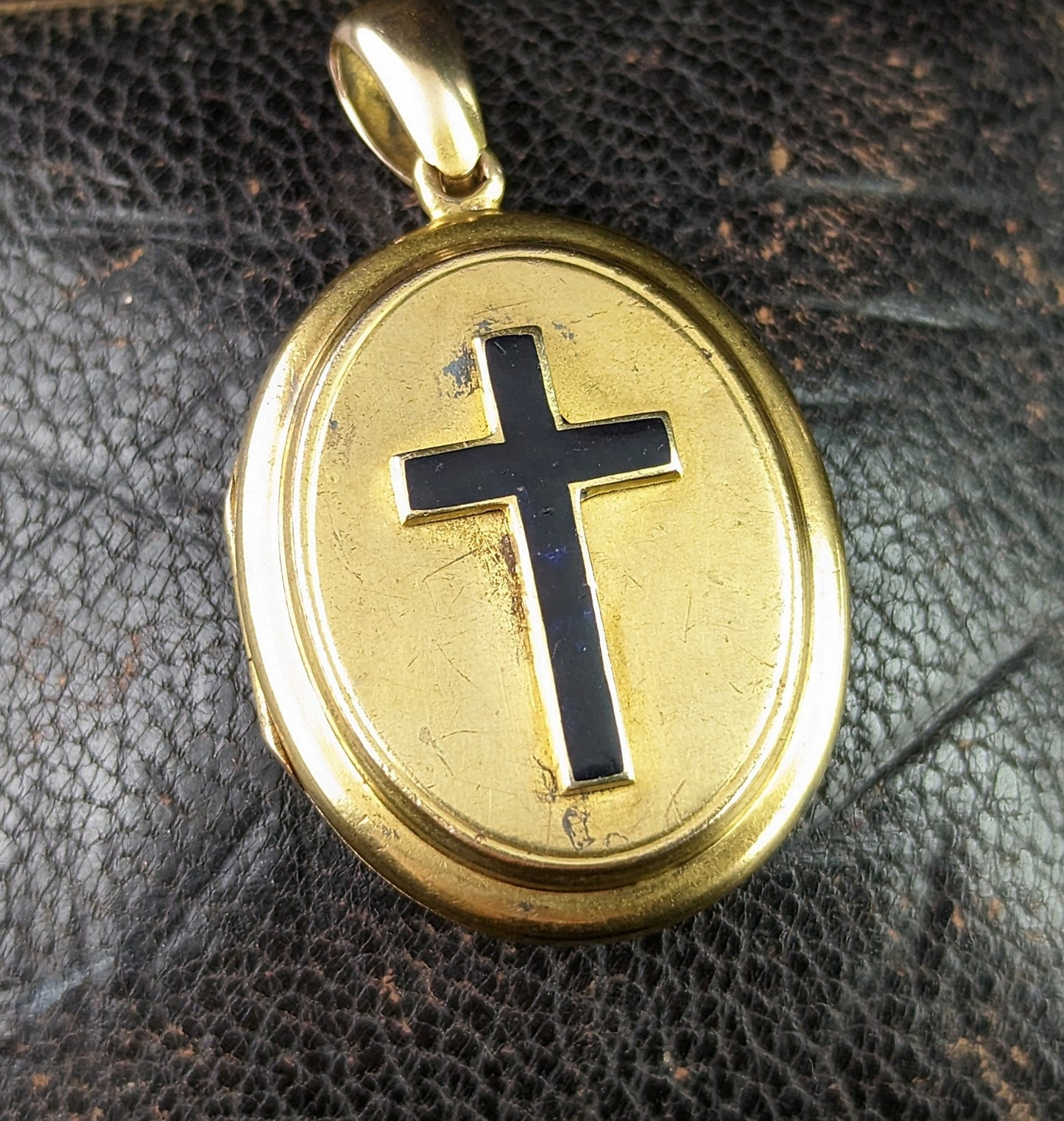 Antique 18ct gold mourning locket, Black enamel cross pendant