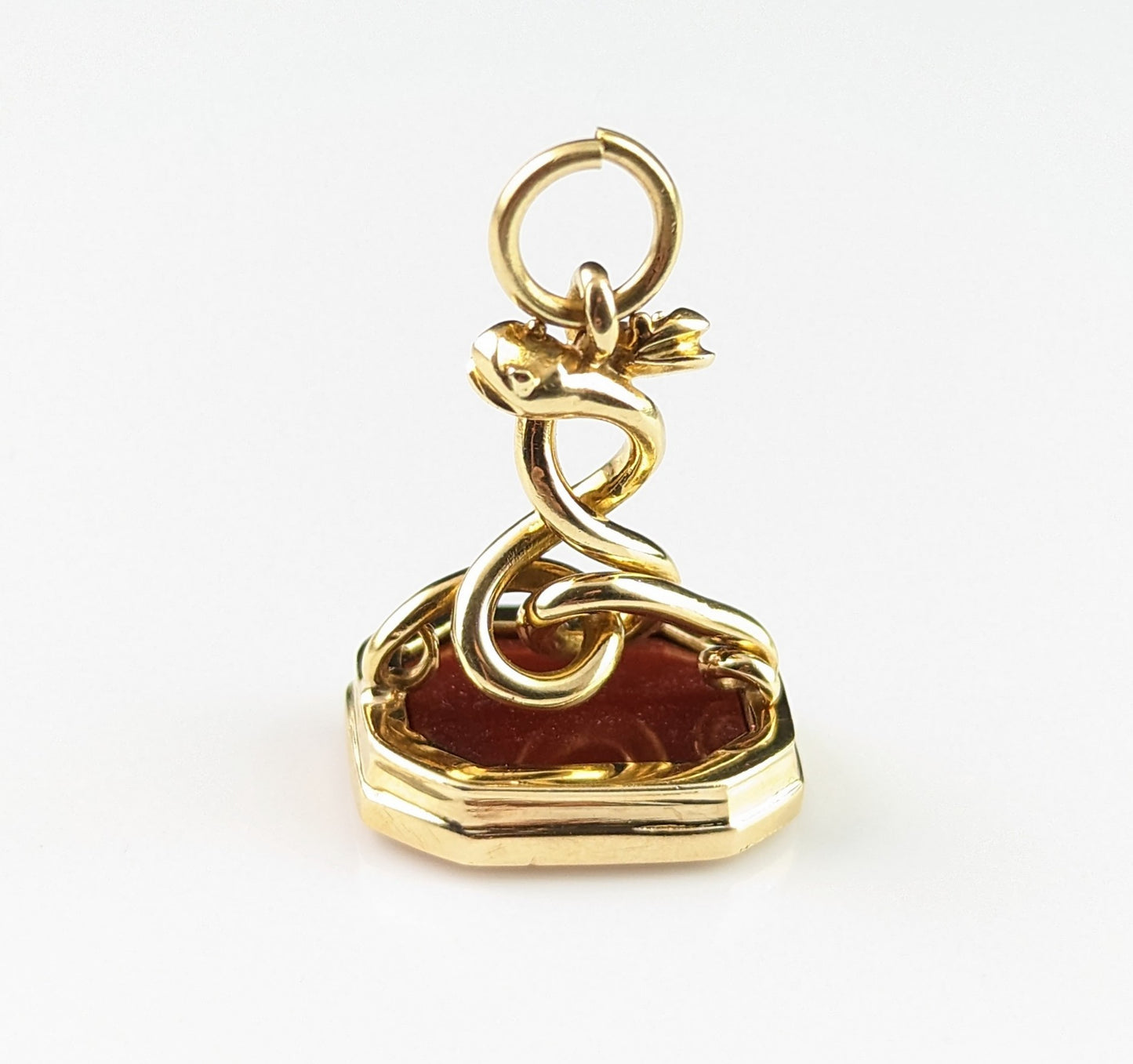 Antique 18ct gold Entwined snakes seal fob pendant, Carnelian