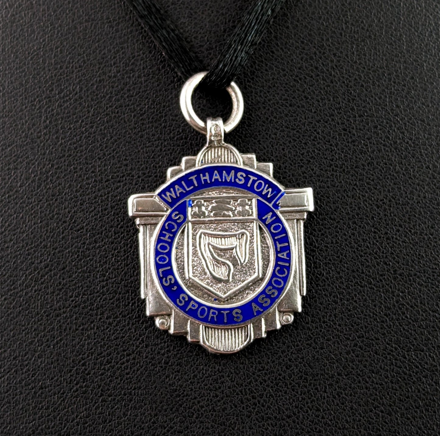 Vintage sterling silver and blue enamel fob pendant, Sports