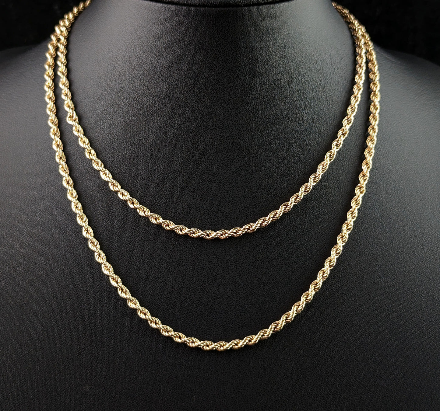 Vintage 9ct yellow gold rope twist chain necklace, long